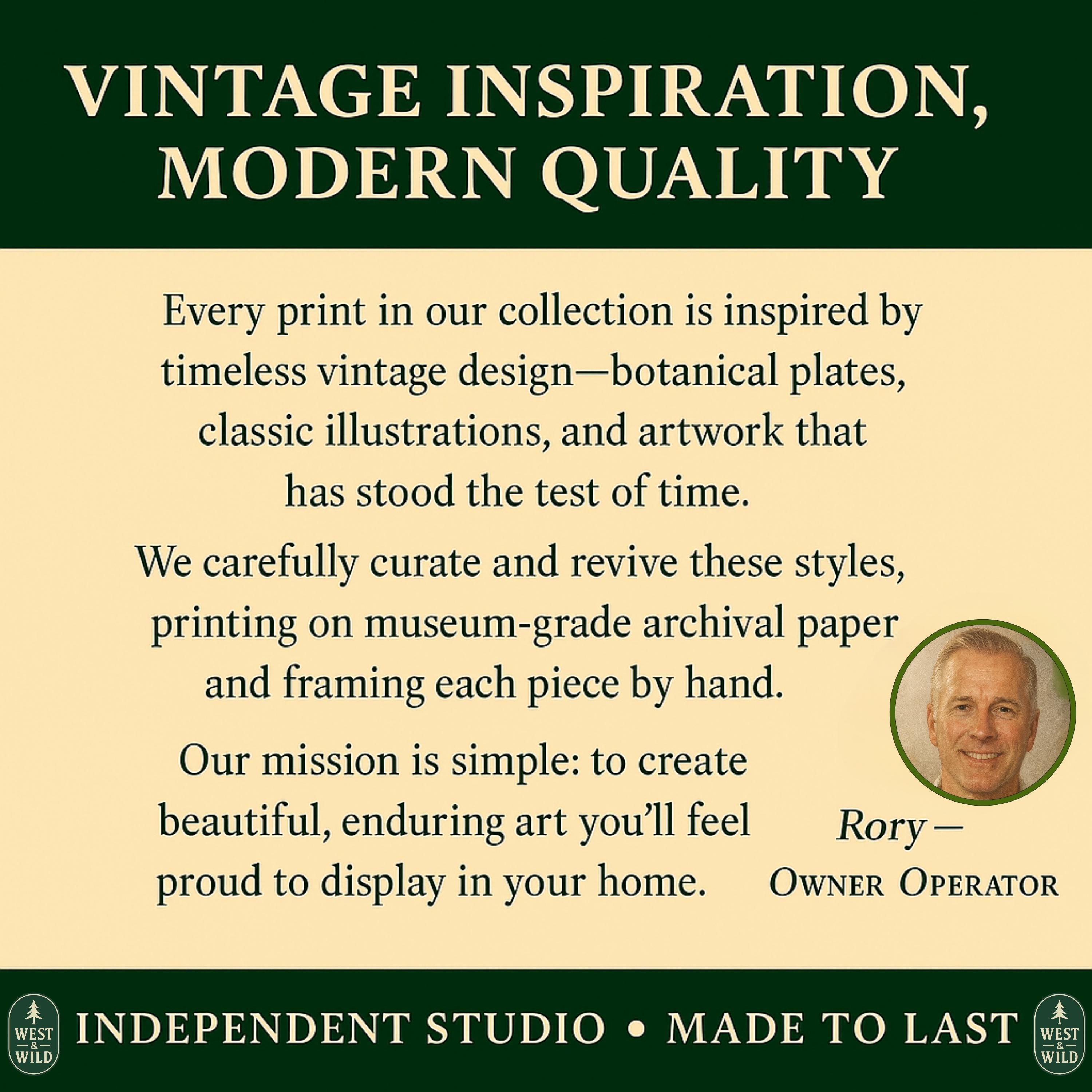 A promotional graphic for West Wild featuring owner Rory, highlighting the Vintage Wildlife Art Print – Red Fox Wall Art, a handmade, vintage-inspired piece crafted for rustic home decor with enduring quality and style.