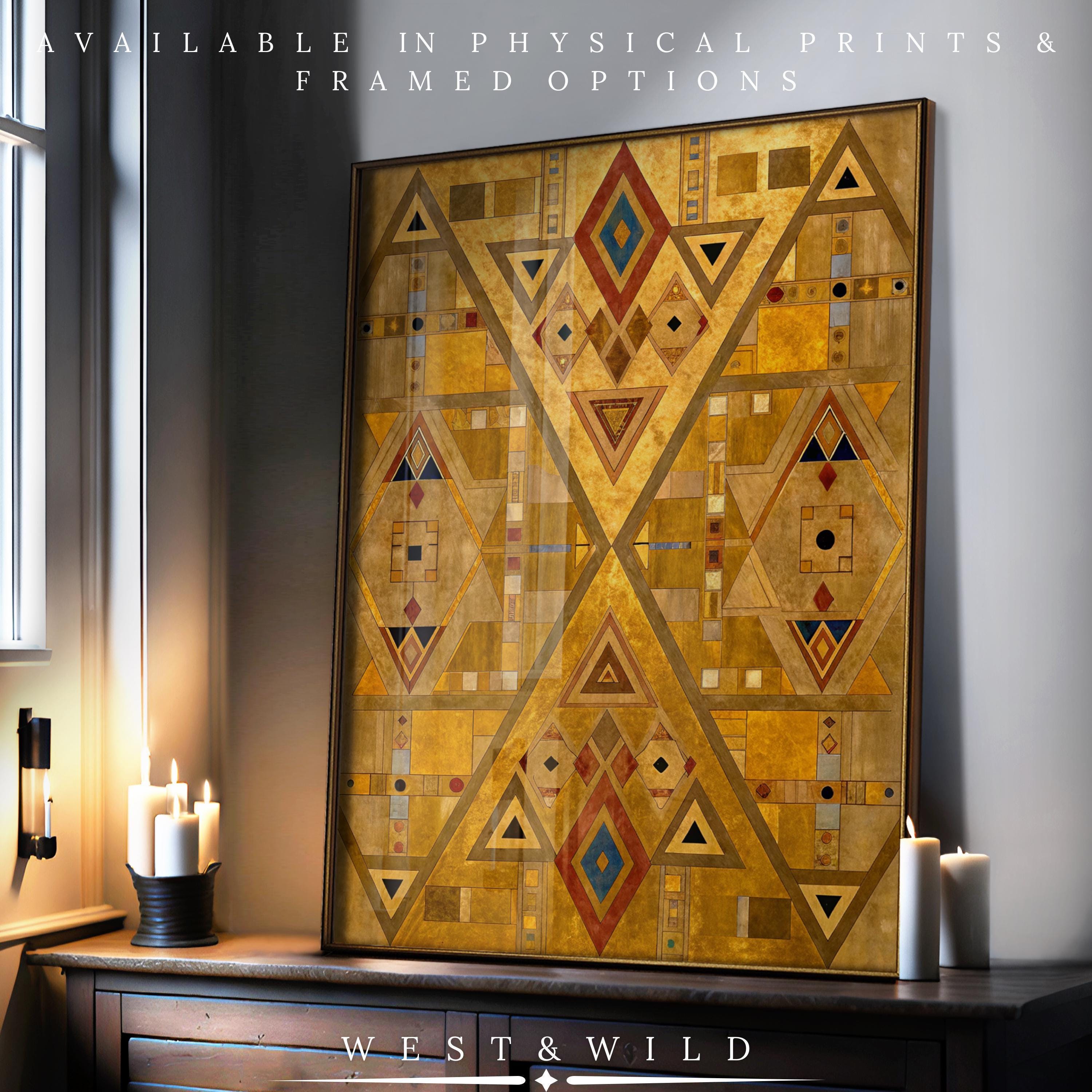 A geometric abstract Art Deco wall art with golden triangle patterns leans by a window amid lit white candles. Text: “Art Deco Wall Art - Golden Triangle Pattern Geometric Abstract Print | Vintage & Framed Options.”.