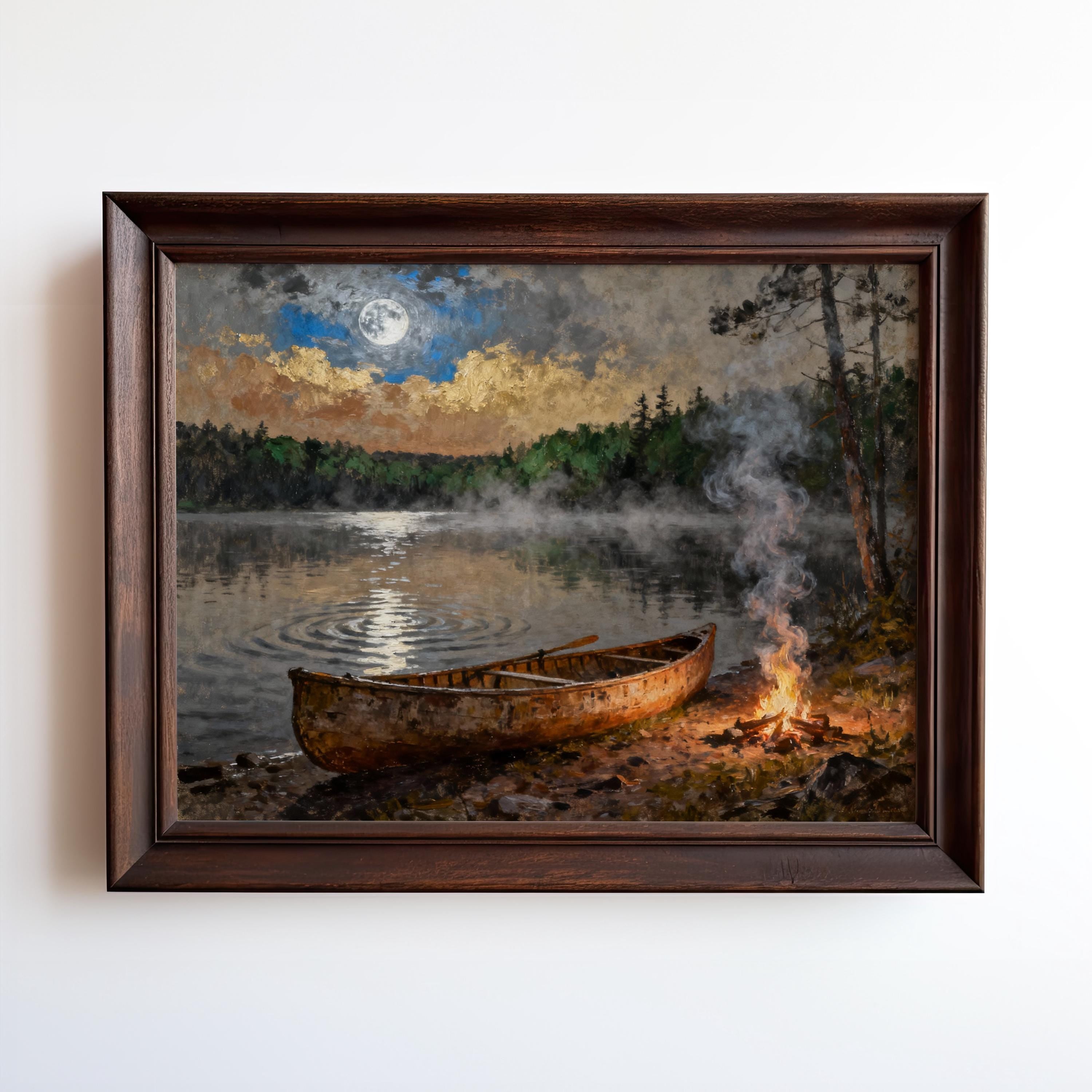 The Vintage Canoe Print – Moonlit Lake Campfire Wall Art features a canoe by a lakeshore at dusk, with a campfire, pine trees, and a bright moon reflecting on the water. Framed wilderness decor from the Vintage Art Prints collection.