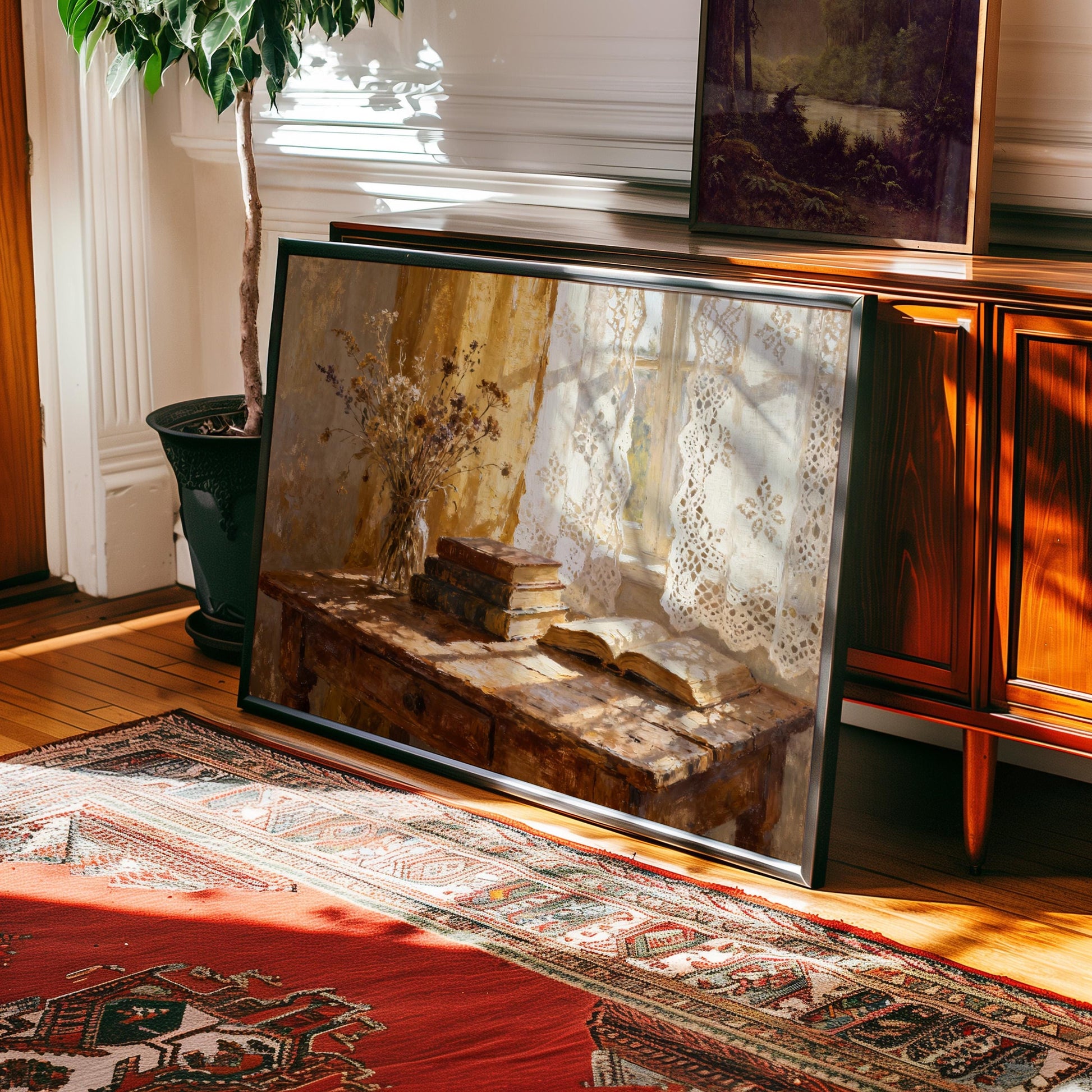 a large framed painting depicting a vintage scene with a wooden table, a vase of flowers, and an open book on a wooden surface.