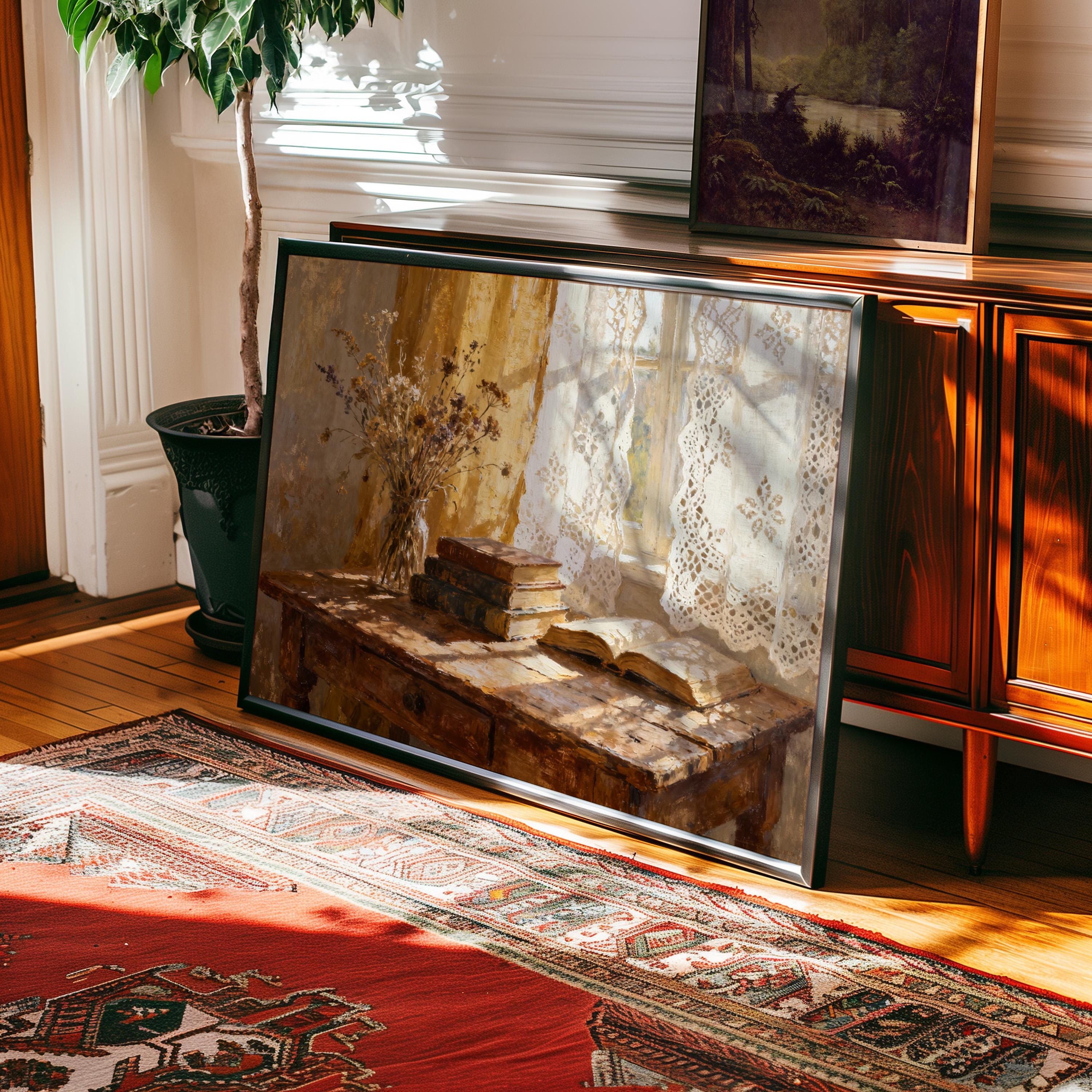 a large framed painting depicting a vintage scene with a wooden table, a vase of flowers, and an open book on a wooden surface.