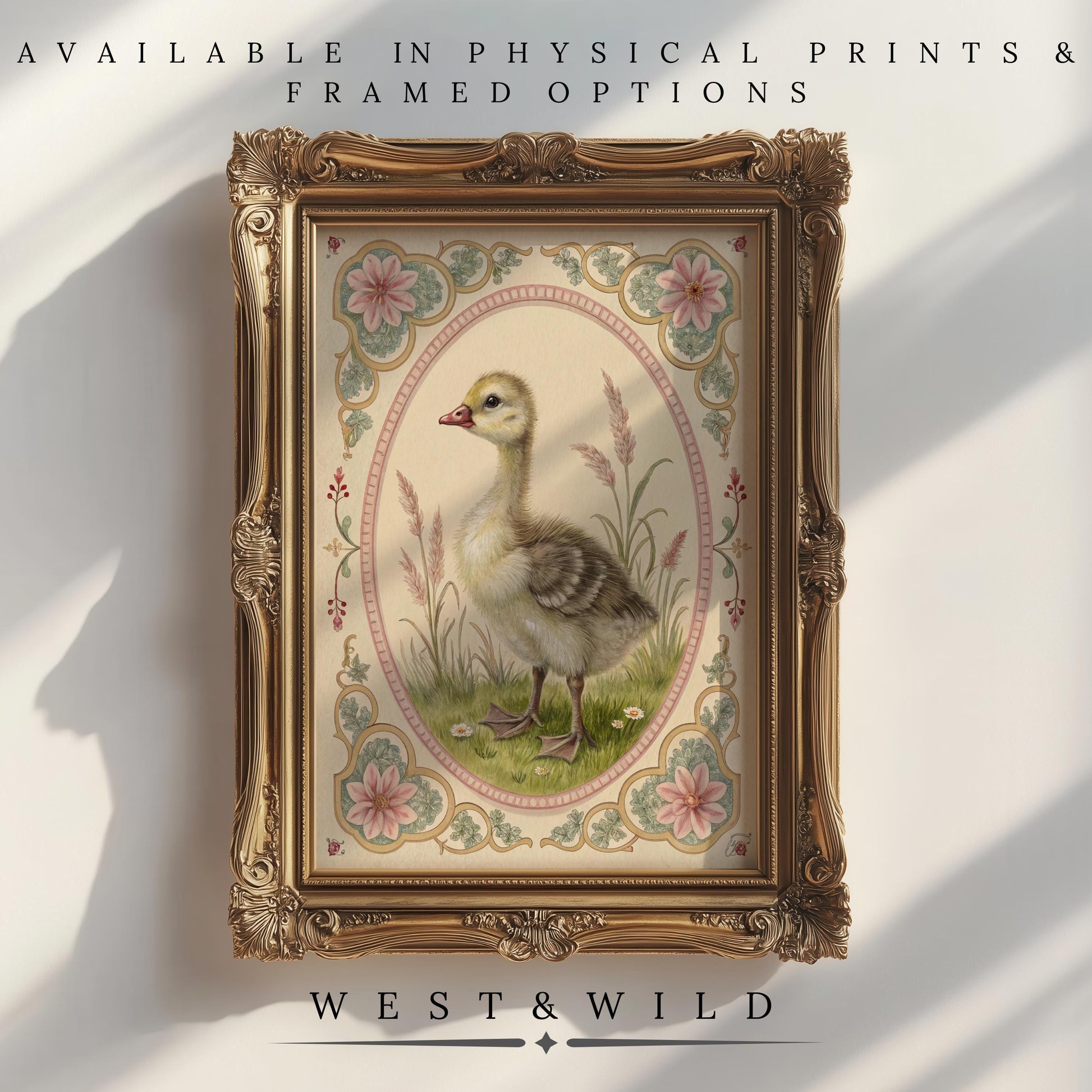 The Baby Duck Print - Vintage Duckling Art With Victorian Border showcases a fluffy gosling on grass, ornate floral trim, and pink accents. Available as archival-quality nursery wall posters and in framed vintage art print options.