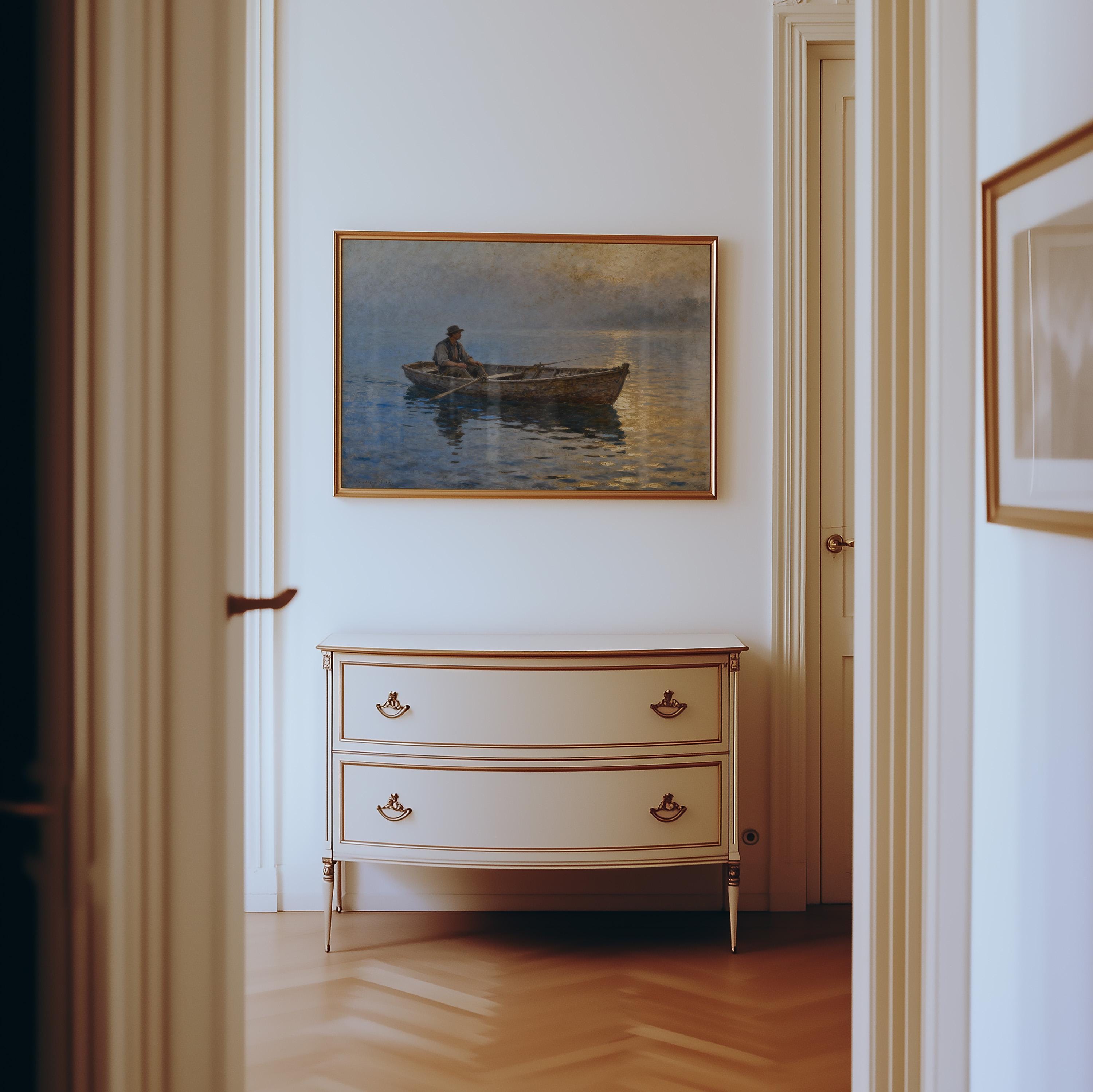 a hallway with a painting of a boat on the wall, a white dresser with two drawers, and a doorway leading to another room.