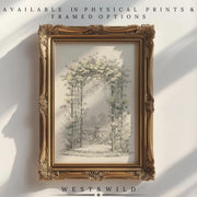 A gold ornate frame showcases the Vintage Garden Gate Art – a floral arch print with trees and plants under sunlight. Text reads, "Available in archival quality prints & framed options." Below: "WEST & WILD.