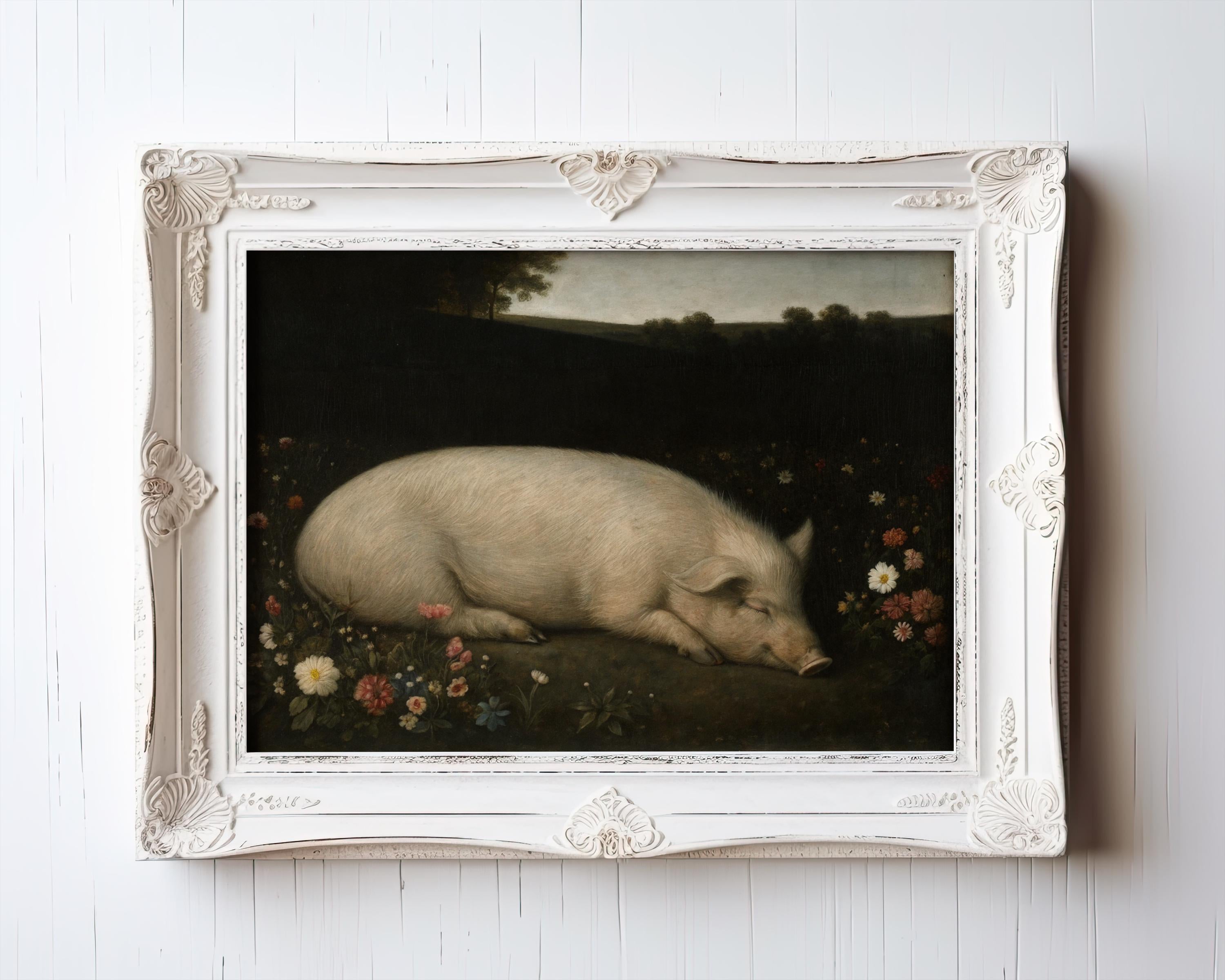 The Vintage Farm Animal Art – Sleeping Pig Print in Meadow adds rustic charm, featuring a white pig on grass with flowers. This archival quality art print is part of the West & Wild Art Archive, framed for stunning vintage wall decor.