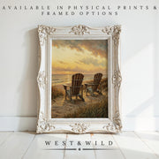A white frame holds a serene beach painting of two chairs facing the ocean at sunset. Beach Wall Art - Serene Coastal Artwork With Wood Frame Options is available as archival quality prints and framed art by Gulf Coast Paintings. WEST & WILD.