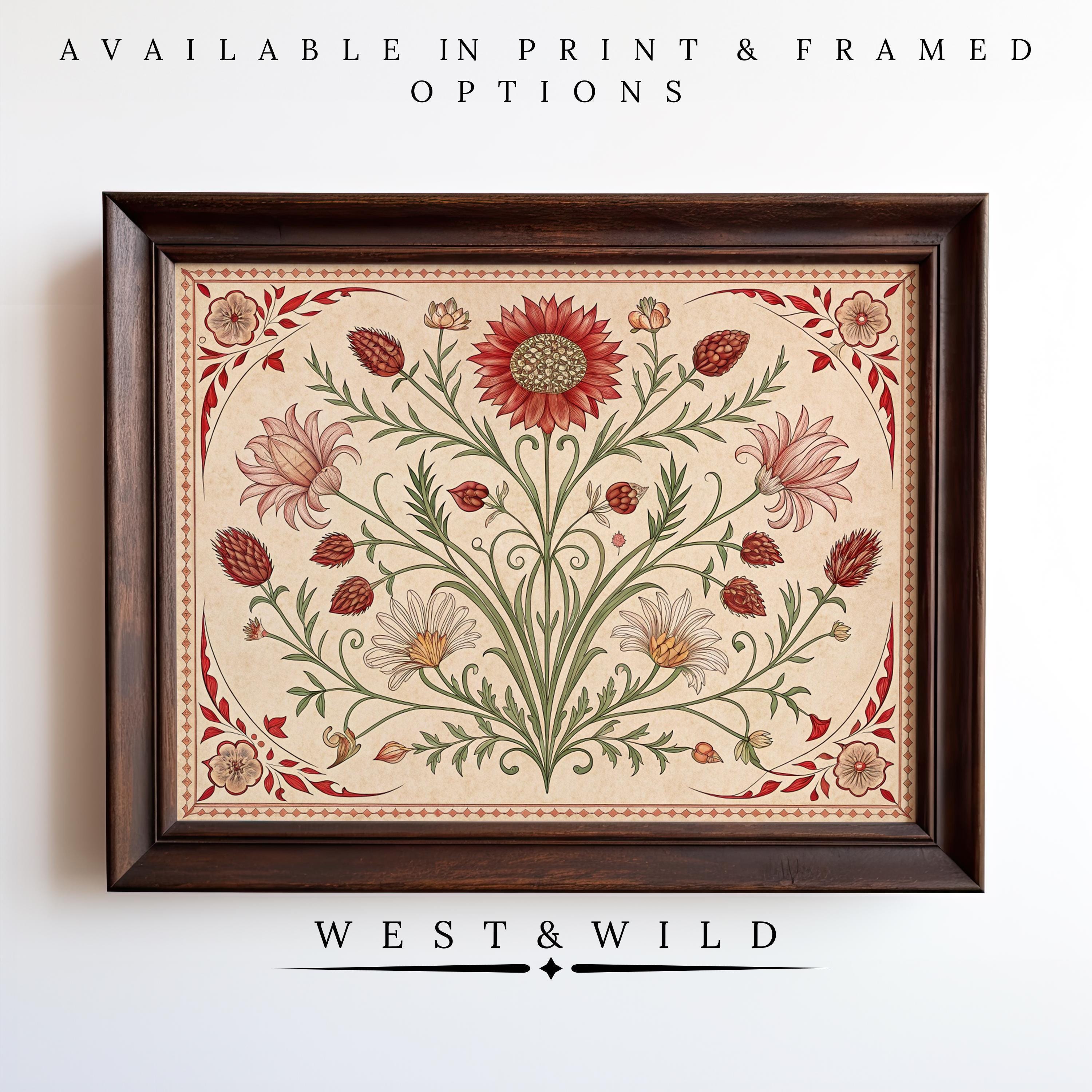 Victorian Botanical Wall Art featuring symmetrical red and cream flowers with green stems on beige. Archival quality vintage art print. Available as prints or framed. Part of the West & Wild Art Archive; perfect cottage core decor.