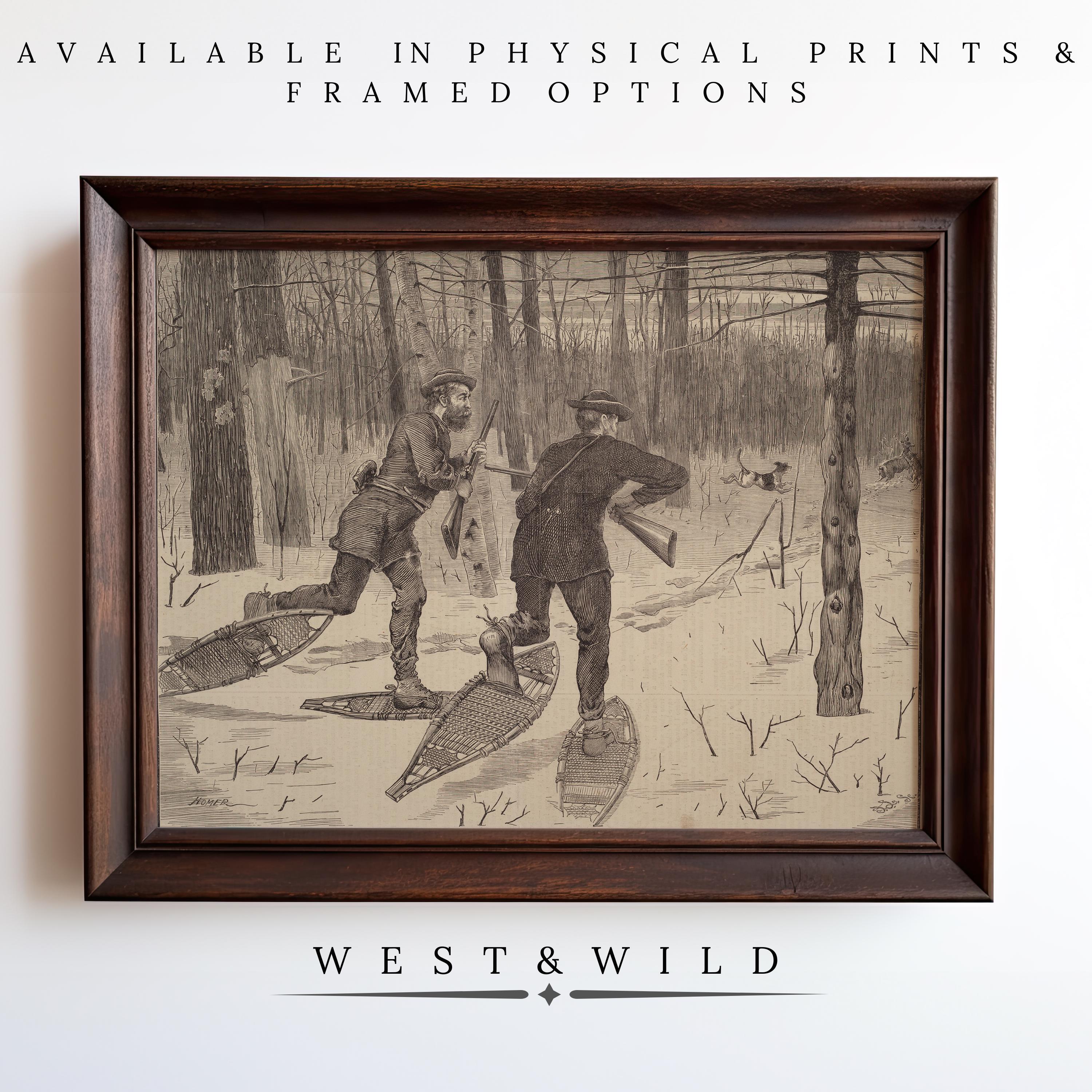 A framed Vintage Hunting Art print featuring classic hunter artwork, perfect for cabin decor. Available as archival quality prints and framed options from West & Wild Art Archive.