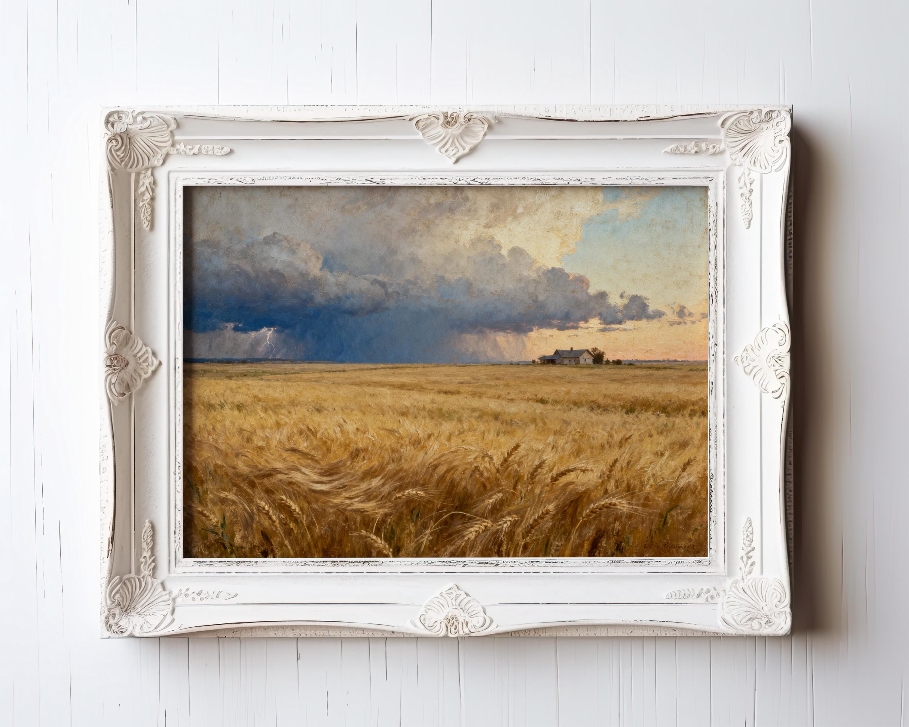 The image is a painting of a field of golden wheat under a stormy sky, with a house visible in the distance.
