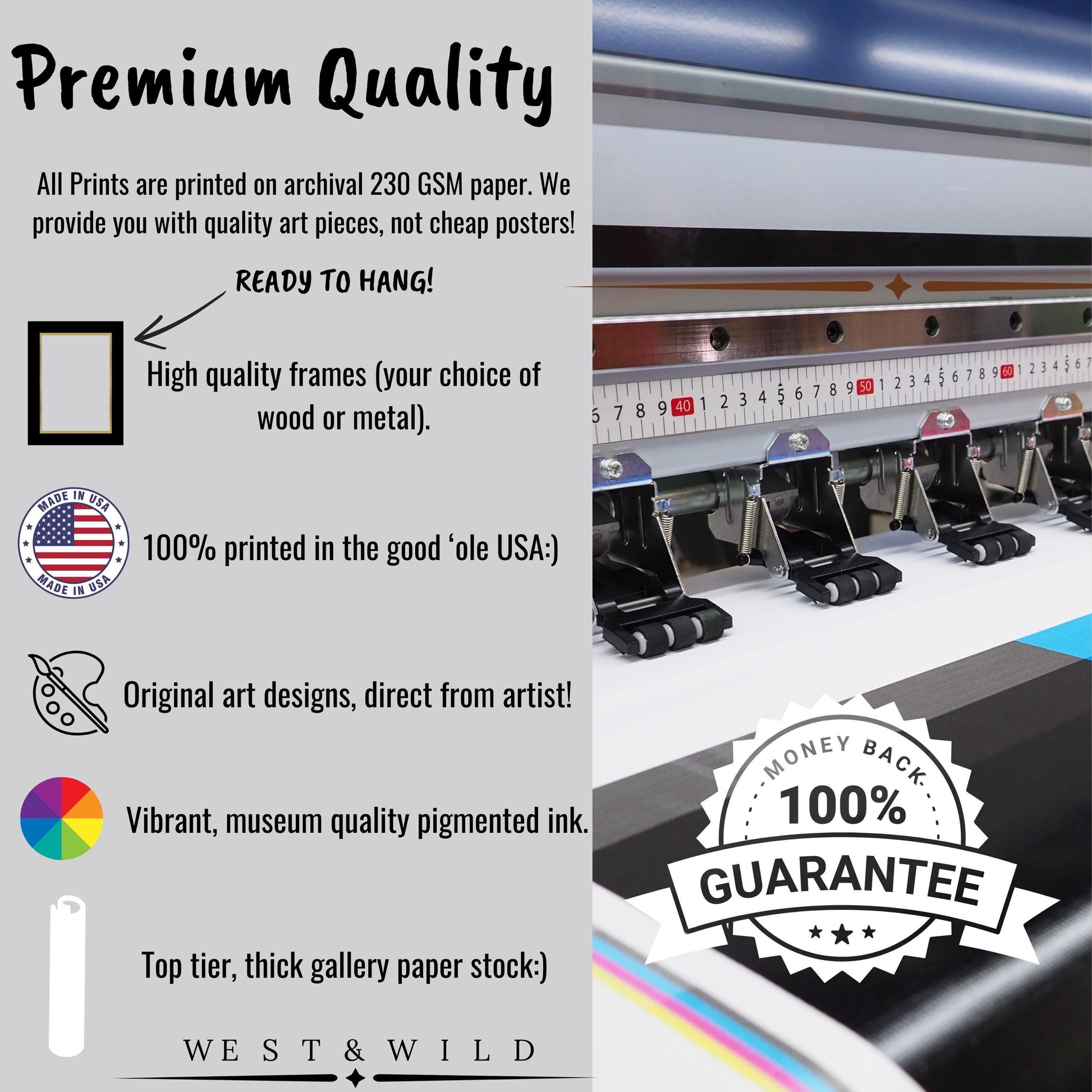 The Mississippi River Steamship Painting features premium Currier and Ives vintage lithograph art on archival 230 GSM paper, vibrant pigment ink, ready-to-hang designs, and a 100% money-back guarantee from West & Wild Art Archive.