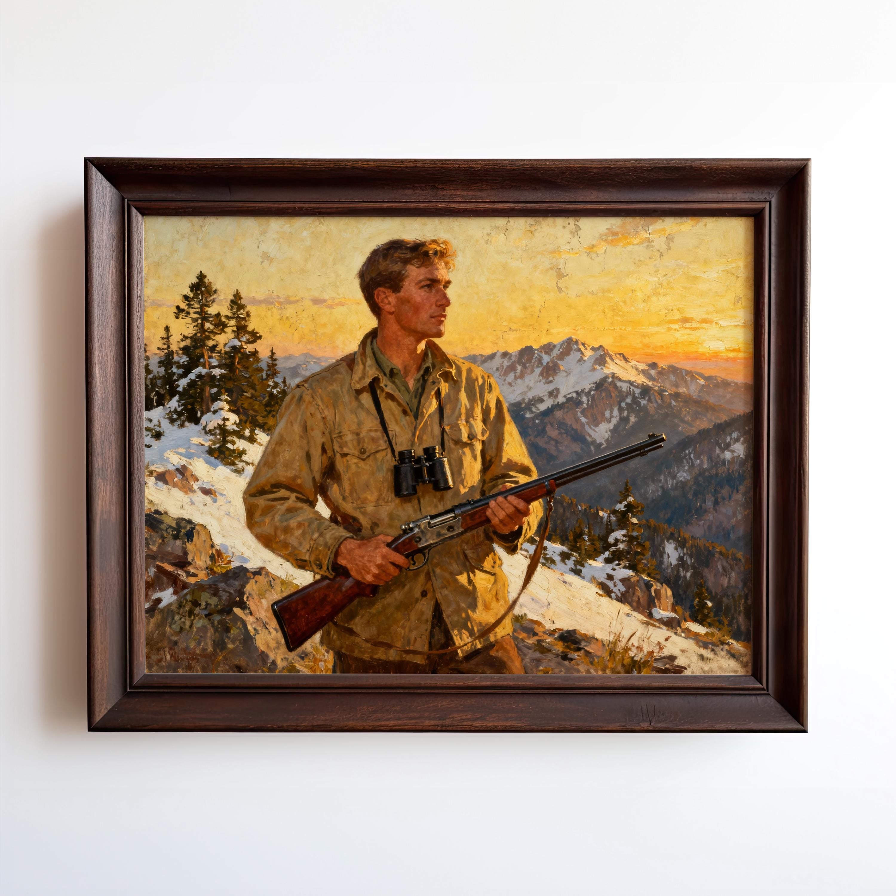 A framed painting depicting a man in a yellow jacket holding a rifle, standing on a snowy mountain against a backdrop of a sunset.