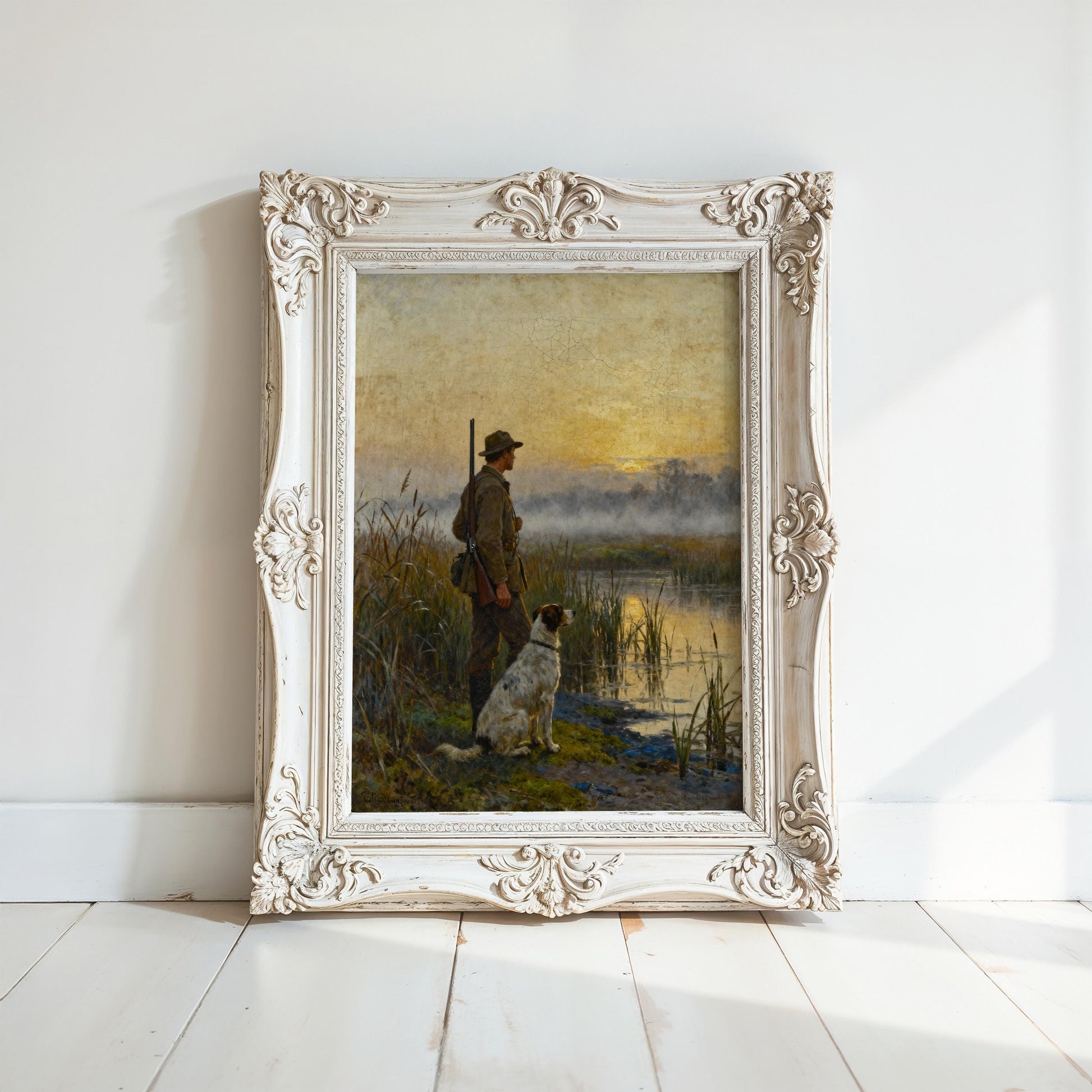 a painting of a man and a dog standing on a grassy field, with a body of water in the background.