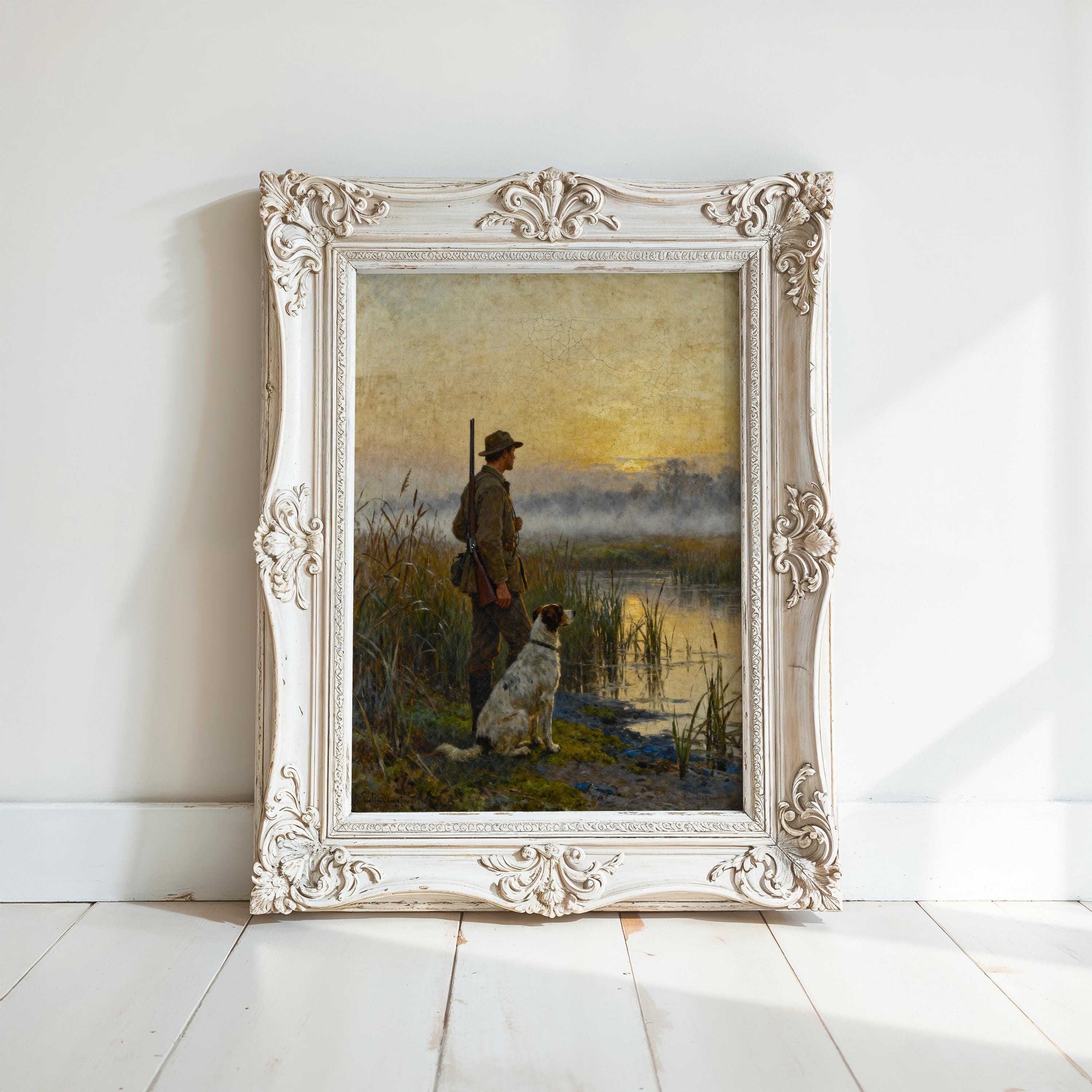 a painting of a man and a dog standing on a grassy field, with a body of water in the background.