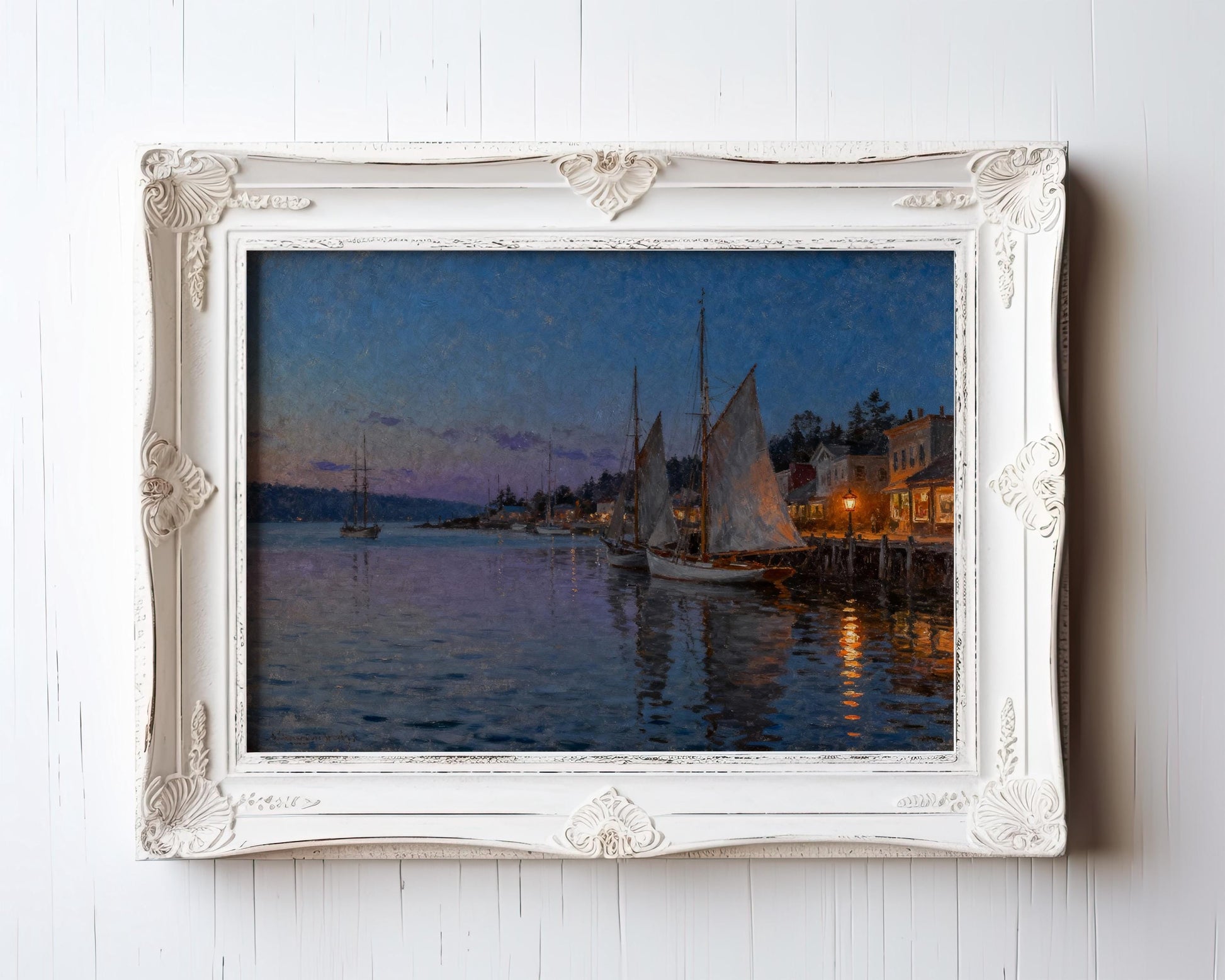 The image is a painting of a serene harbor at night, with sailboats gently floating on the calm water under a dark blue sky.