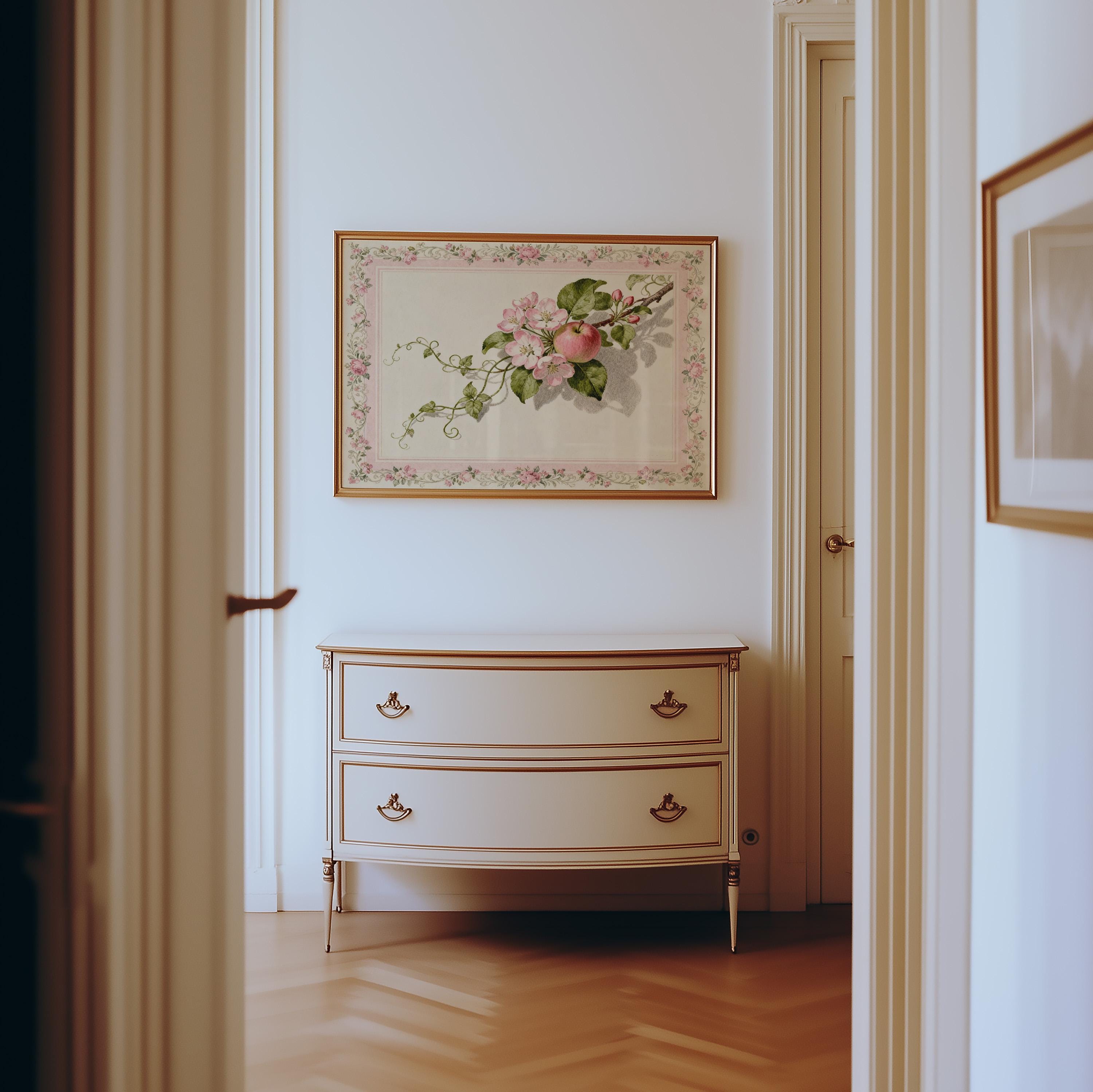 a hallway with a white dresser and a framed floral painting hanging on the wall above it.