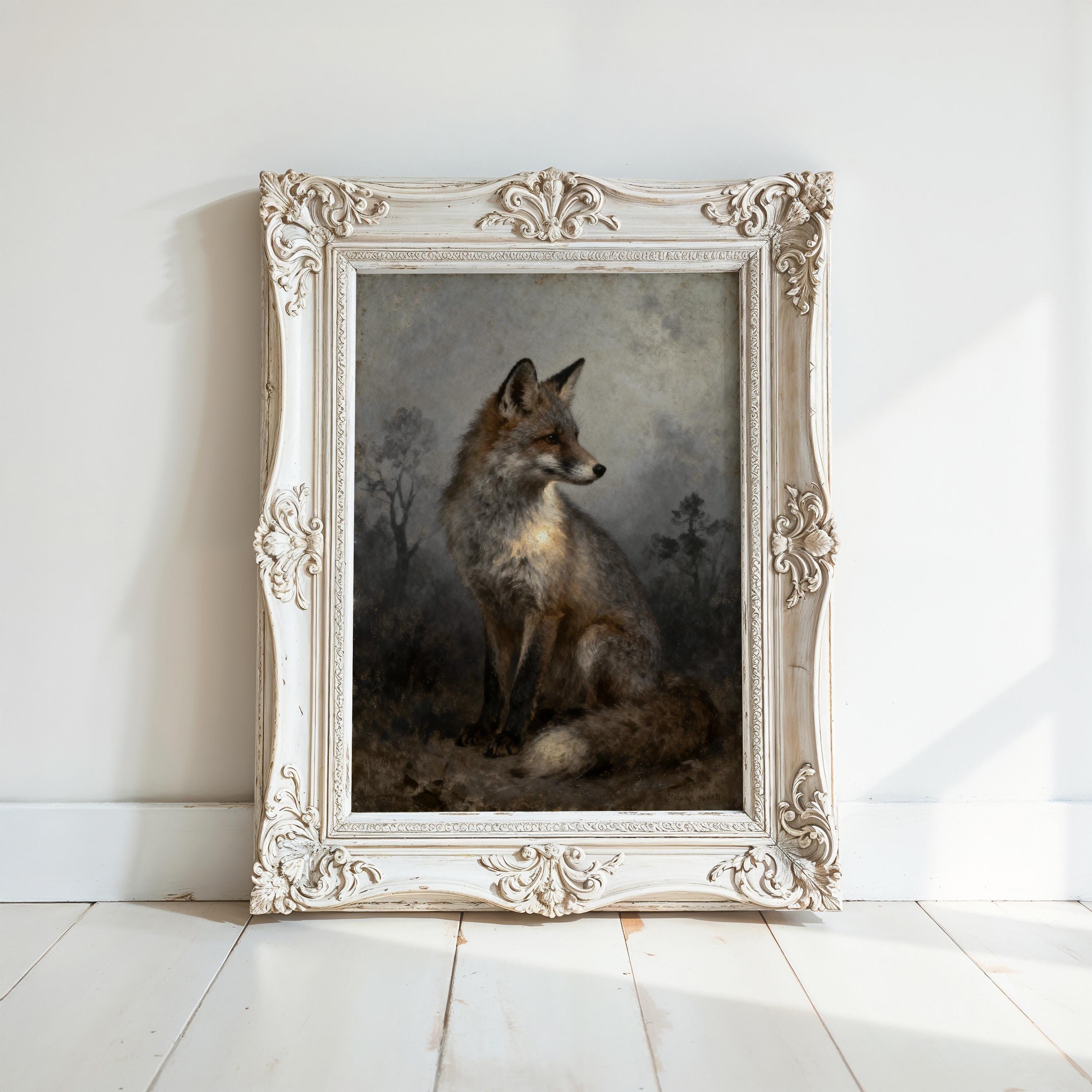 a painting of a fox sitting in a field, displayed in an ornate white frame on a white wall.