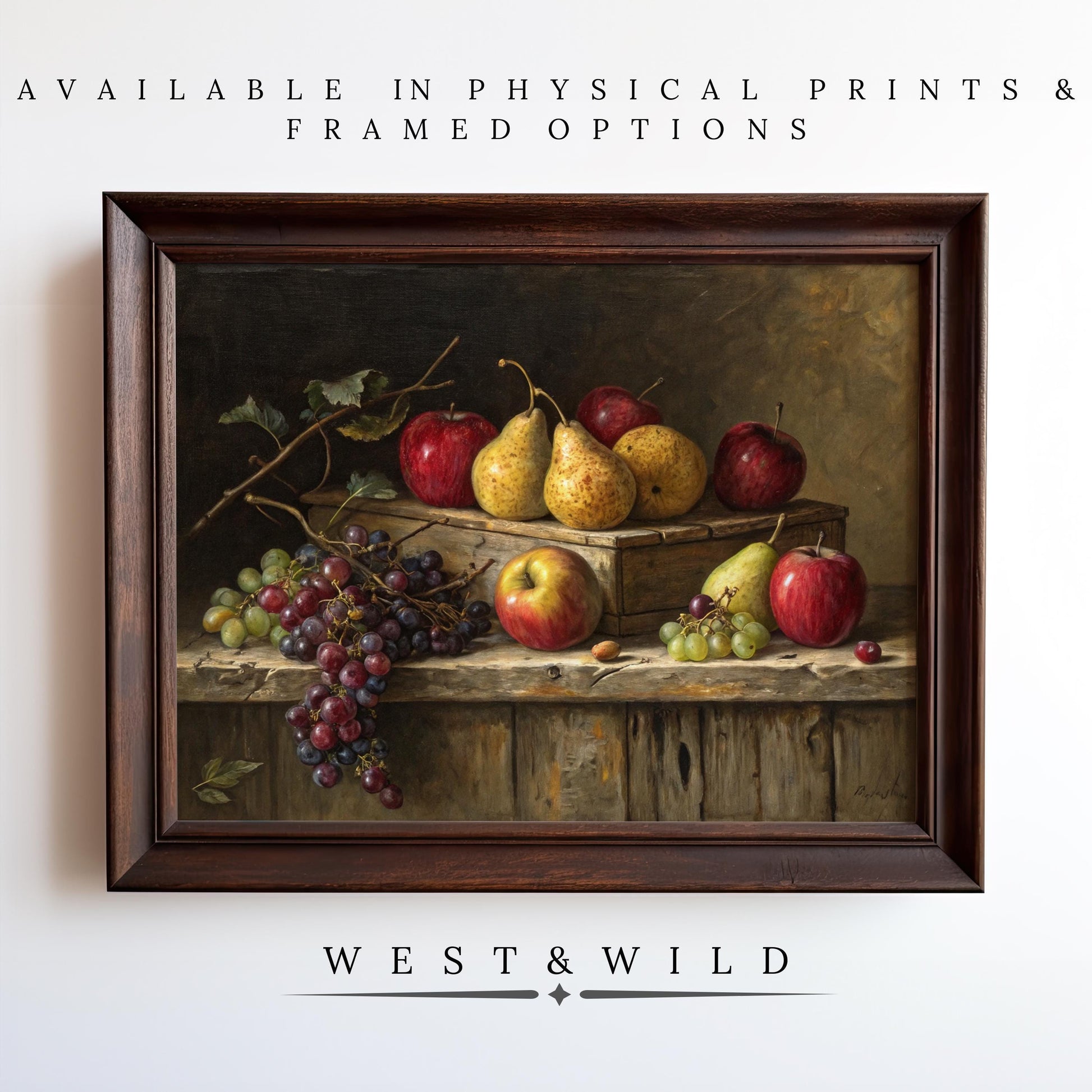 Fruit Still Life Painting - Farmhouse Wall Art Prints features apples, pears, and grapes on a rustic surface. This vintage art print from the West & Wild Art Archive is available as museum-grade prints or in framed options.