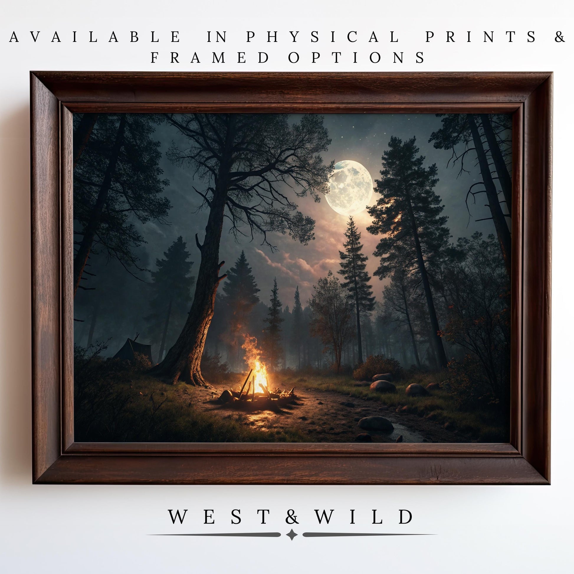 A framed, archival-quality Camping Wall Art print featuring a vintage campfire scene with a tent, tall trees, and full moon. Available as Vintage Campfire Painting with Rustic Wood Frame Options from West & Wild Art Archive.