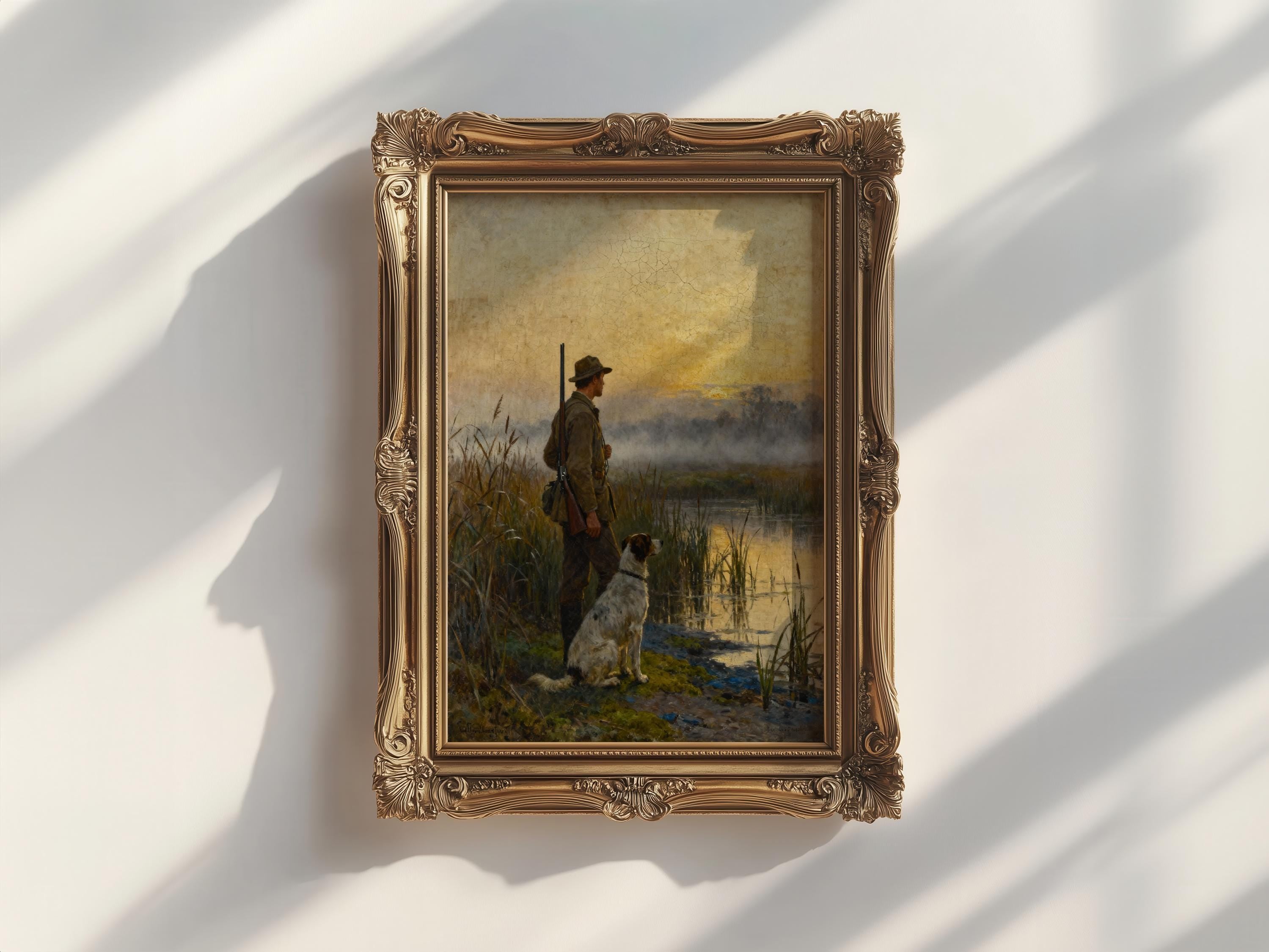 The image is a painting of a man and a dog standing in a field, with the man holding a rifle and the dog sitting nearby.