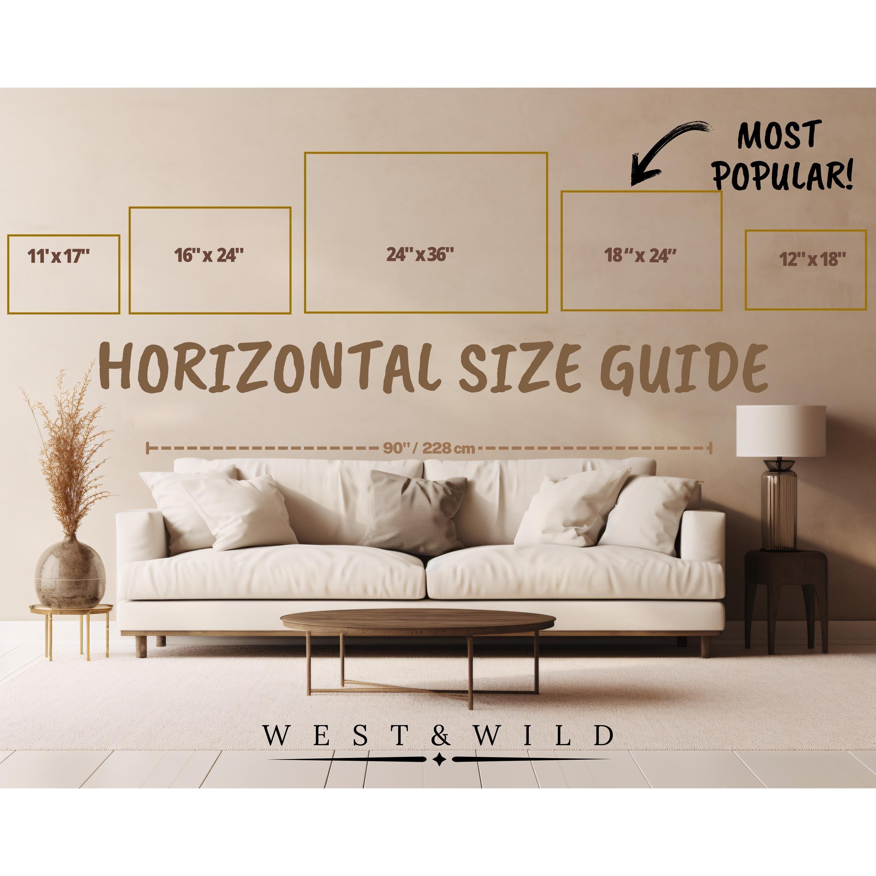 Horizontal size guide for White Dove Art Print above a beige sofa, showing five gold-outlined frame sizes. "Most Popular!" highlights the archival quality 18x24 size. Decor features a round table and vase for peaceful home style.