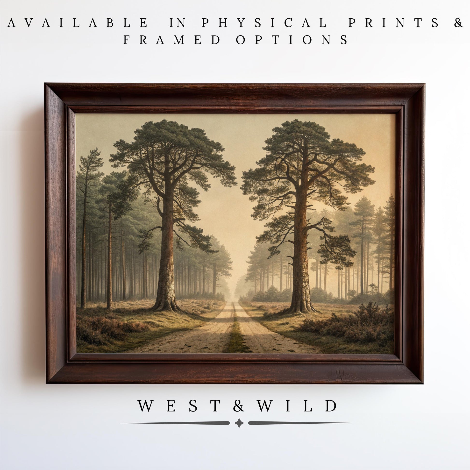 A framed Vintage Forest Painting – Serene Country Road Artwork hangs on a white wall. Above: Available as vintage art prints & framed art. Below: West & Wild Art Archive | Pine Tree Illustration, Antique Landscape Art.