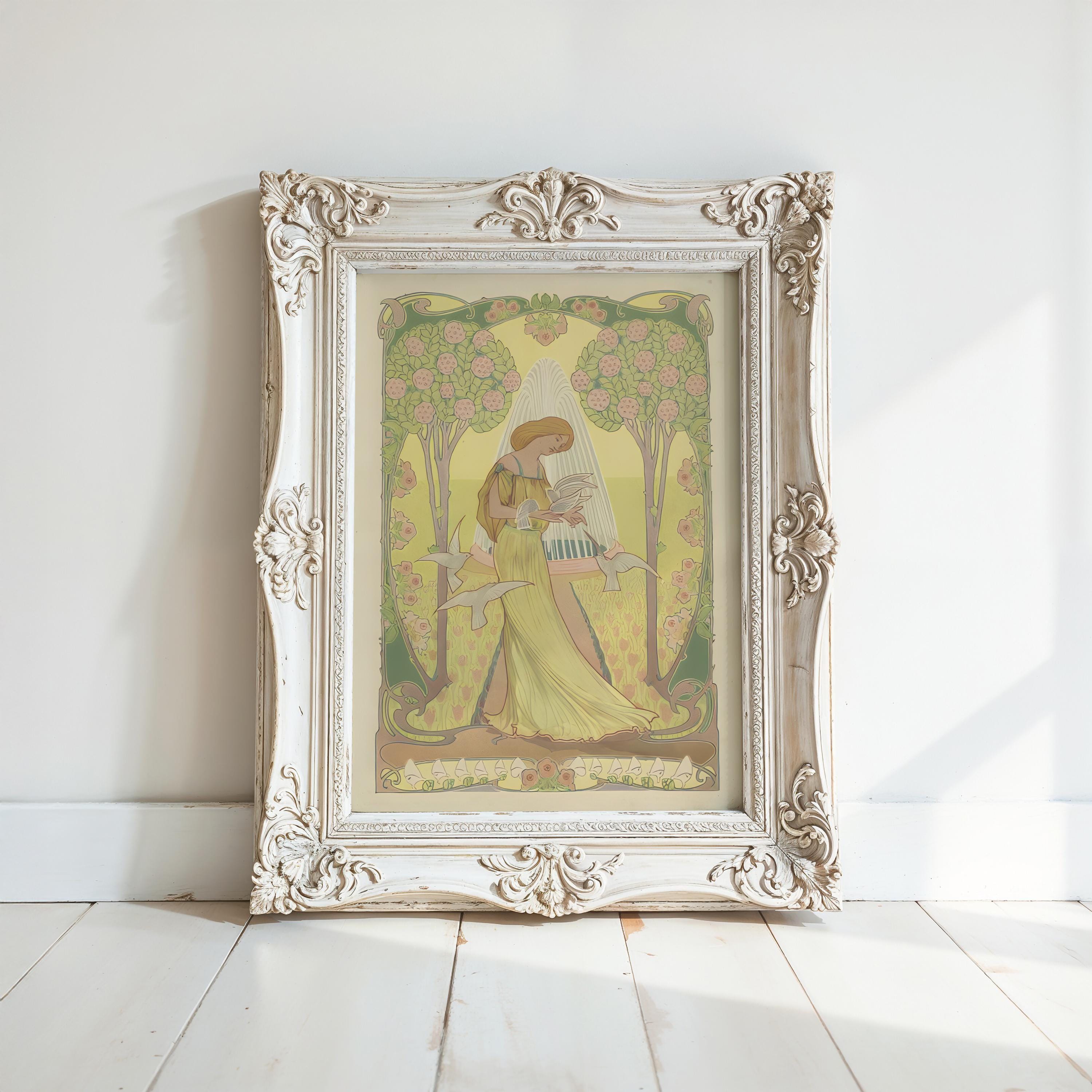 The Antique Style Wall Decor features a Vintage Art Print in an ornate white frame—a woman in a yellow dress plays the harp among flowers and trees, leaning on a white wall. Part of the West & Wild Art Archive; perfect Victorian home decor.