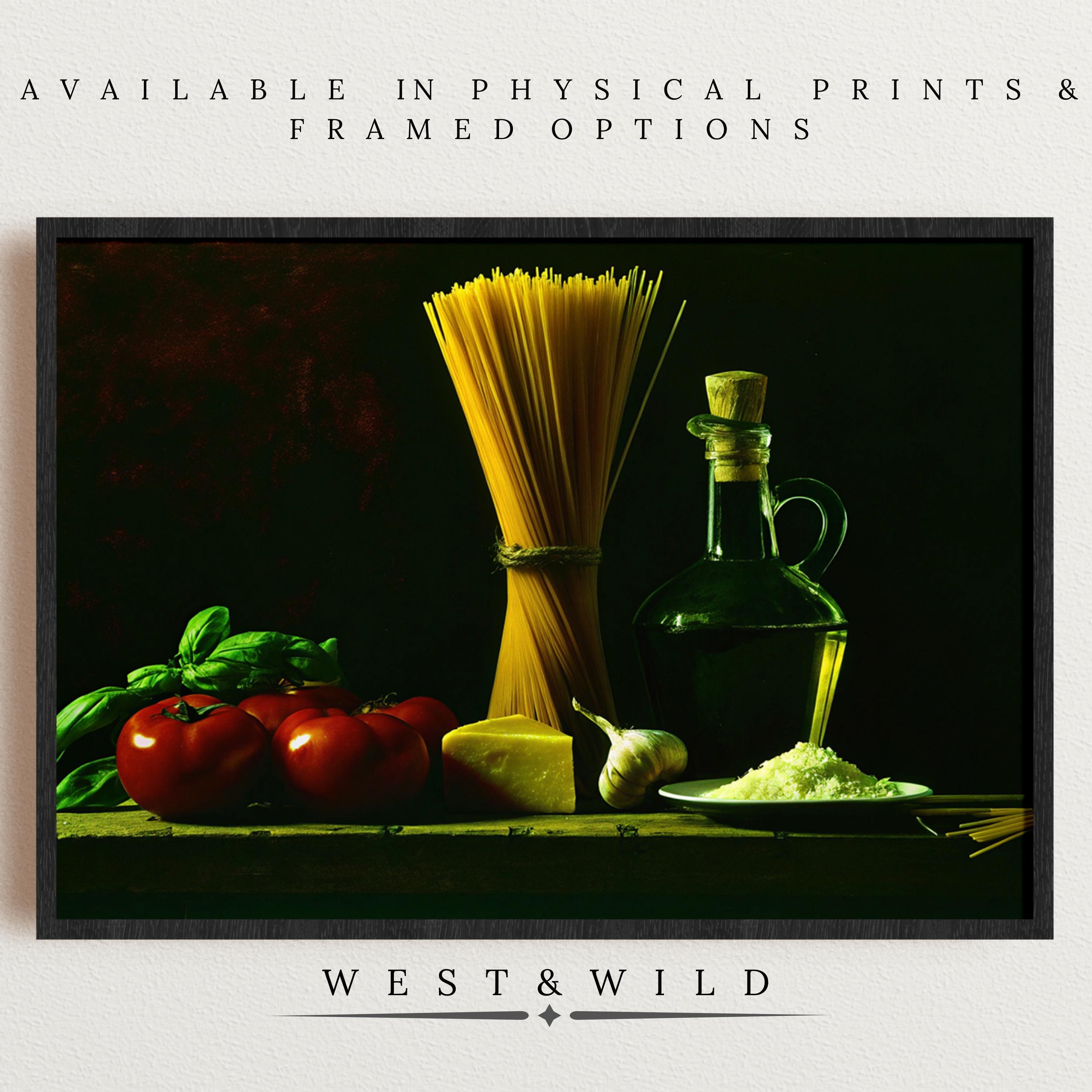 The Italian Pasta Art Print showcases spaghetti, tomatoes, basil, parmesan, garlic, and olive oil on a dark surface. This Rustic Kitchen Decor is available as a vintage framed poster or print with the WEST & WILD logo below.