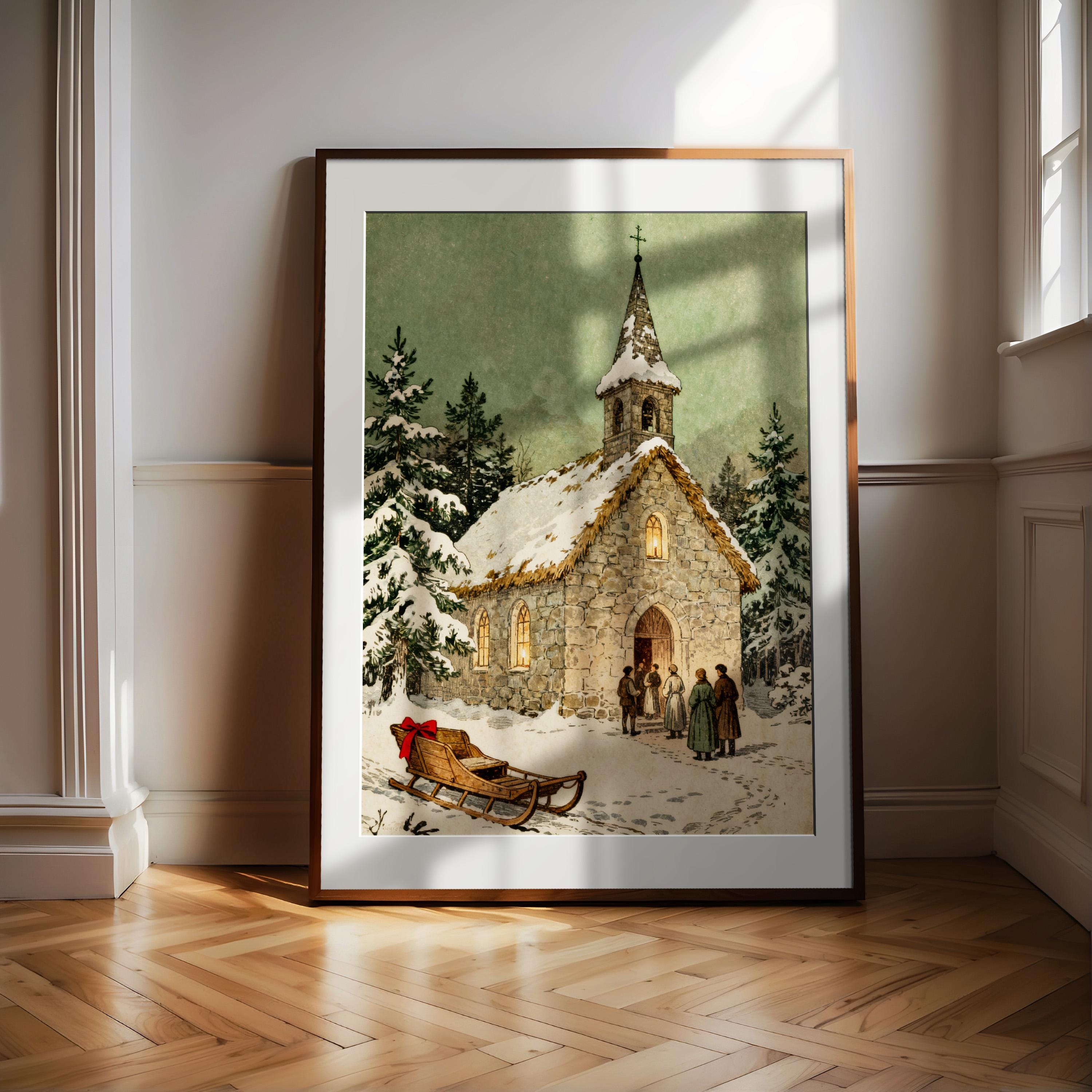 A framed painting depicting a snowy winter scene with a stone church, a sleigh, and people gathered outside.