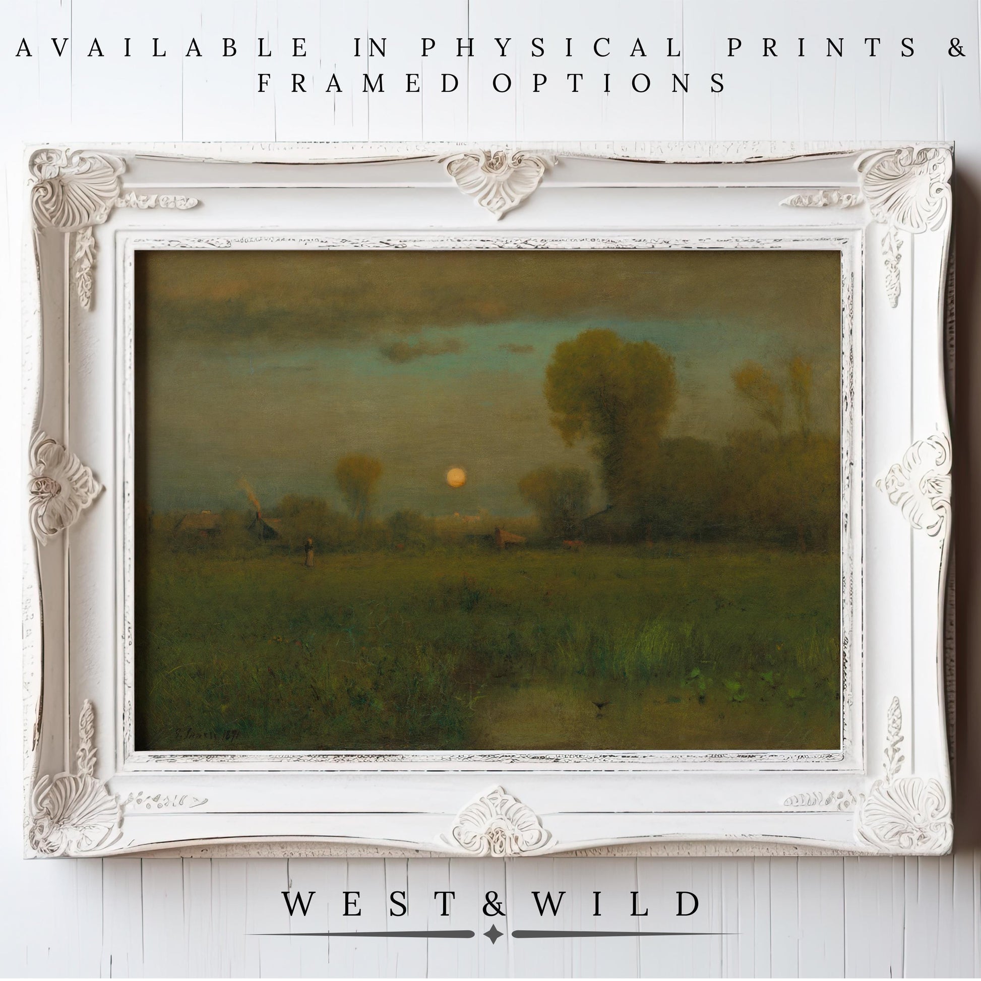 An ornate white frame encases a 19th Century landscape with grassy fields, trees, farmhouse, and a moonlit sky. Available as archival quality prints & framed art. Below: Vintage Wall Art – Muted Mossy Green Farm Oil Painting | West & Wild Art Archive.