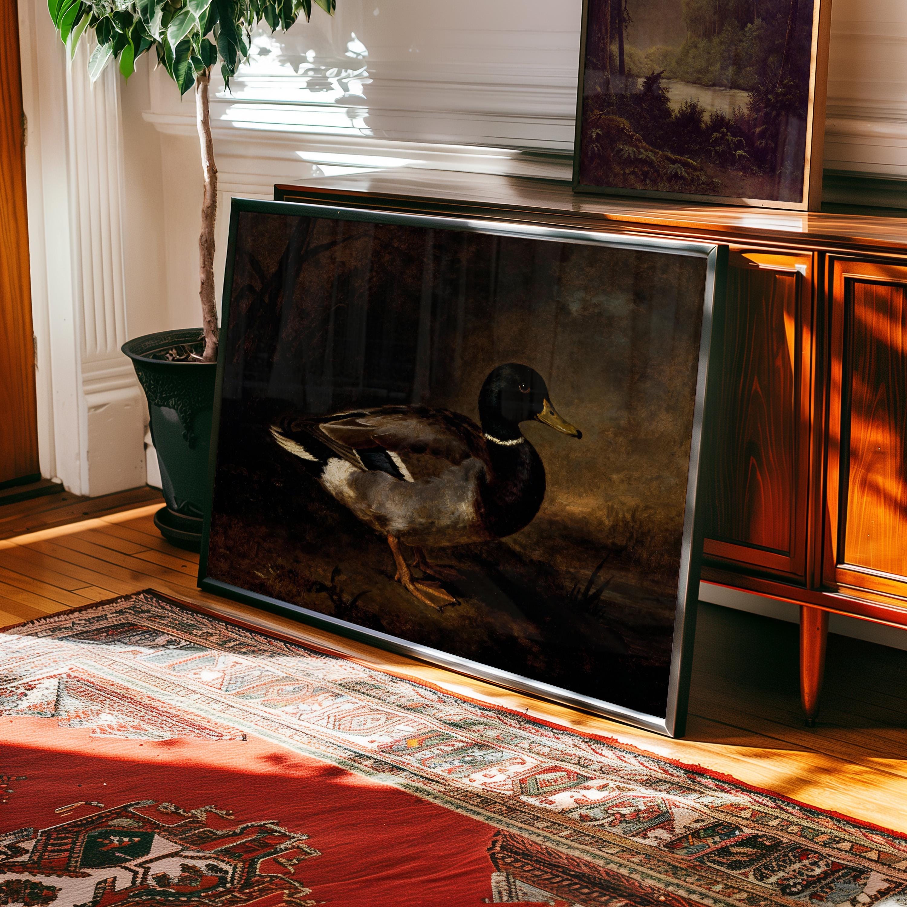 a large painting of a duck on a wooden surface, with a rug underneath it.