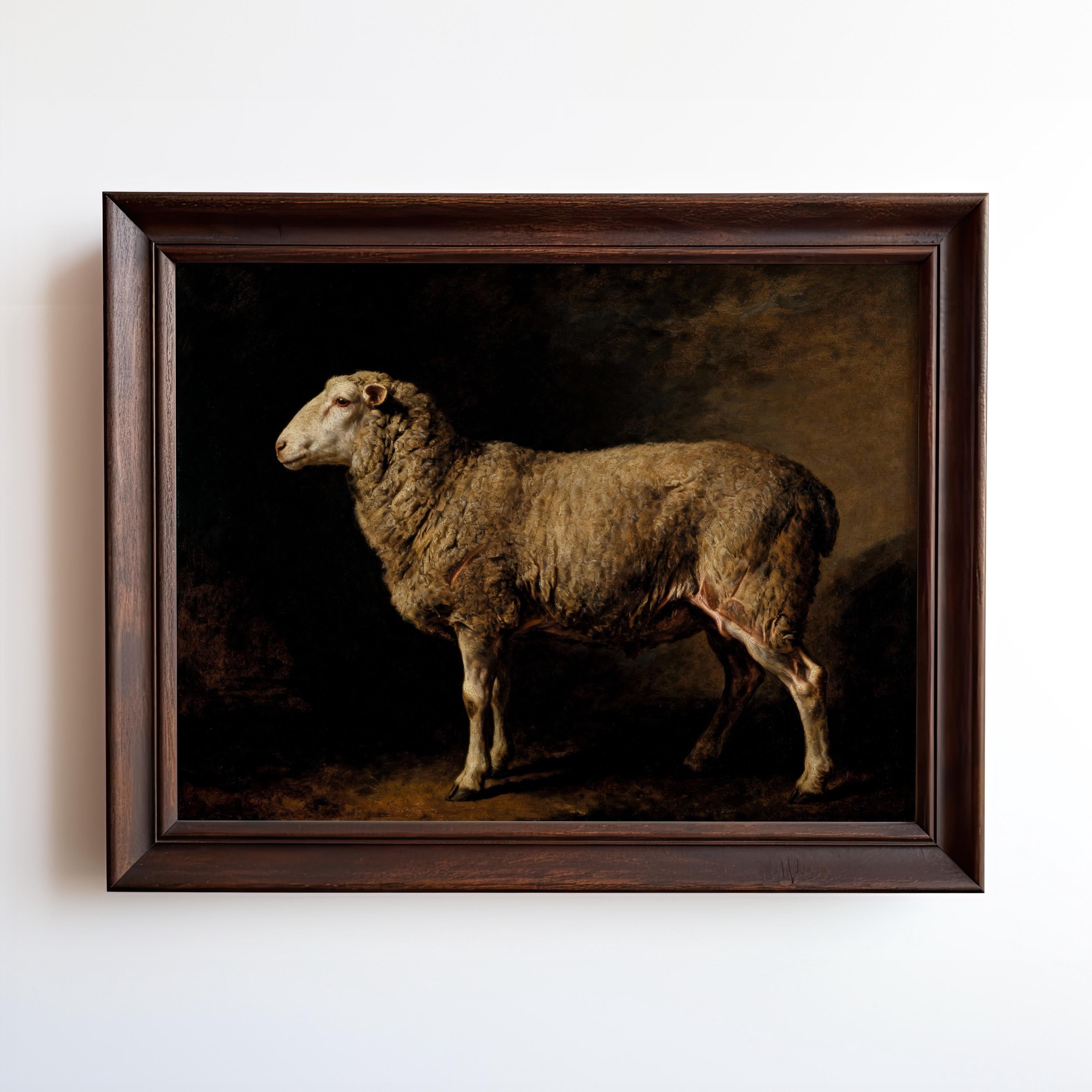 The image is a painting of a sheep standing in a dark, moody setting.