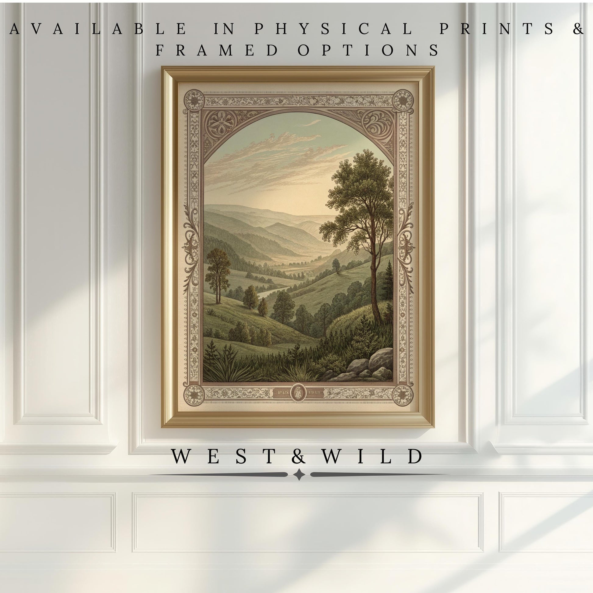 A framed Victorian Mountain Etching – Vintage Mountain Art hangs on a white paneled wall. Text above reads, Available in physical prints & framed options. Below, the text says West & Wild.