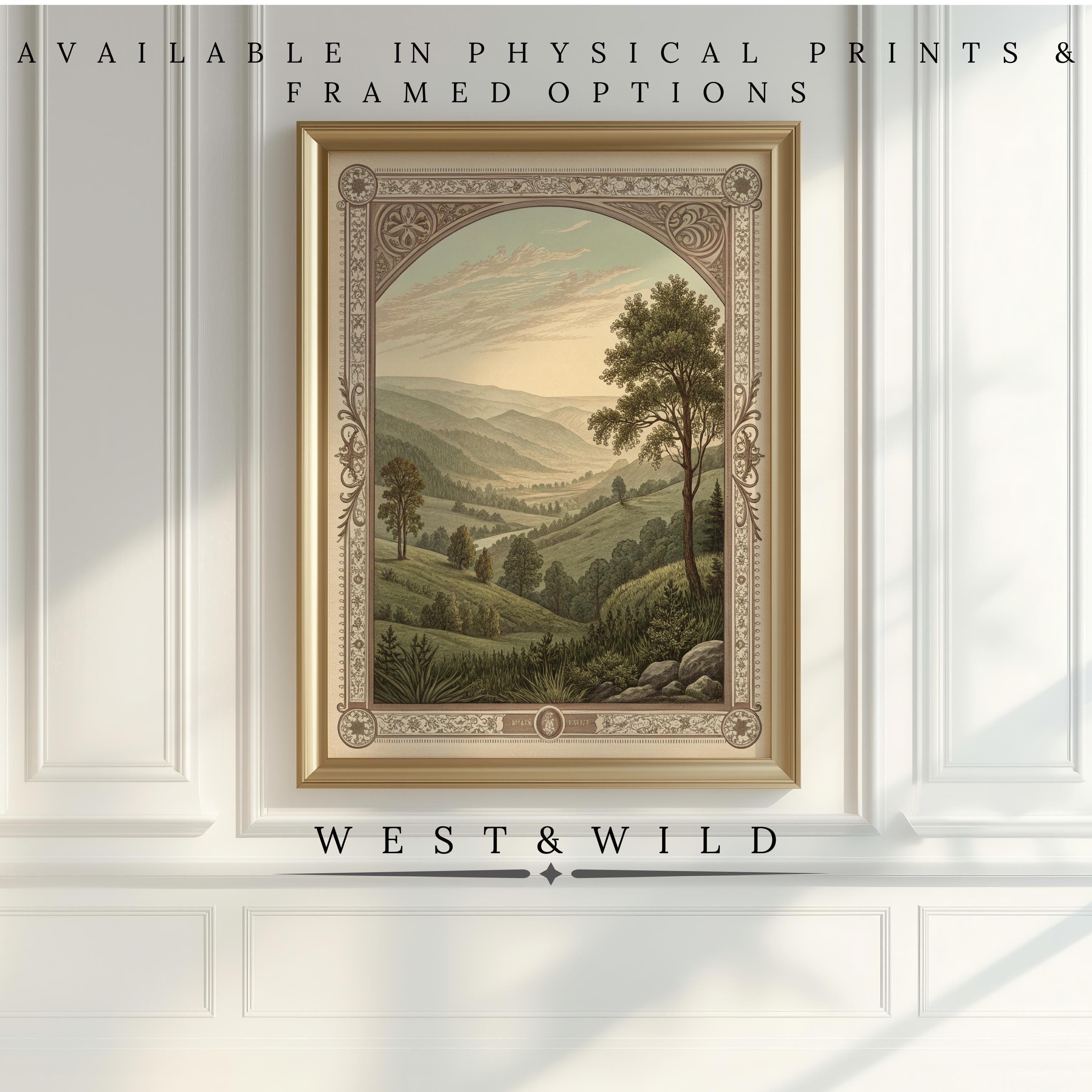 A framed Victorian Mountain Etching – Vintage Mountain Art hangs on a white paneled wall. Text above reads, Available in physical prints & framed options. Below, the text says West & Wild.