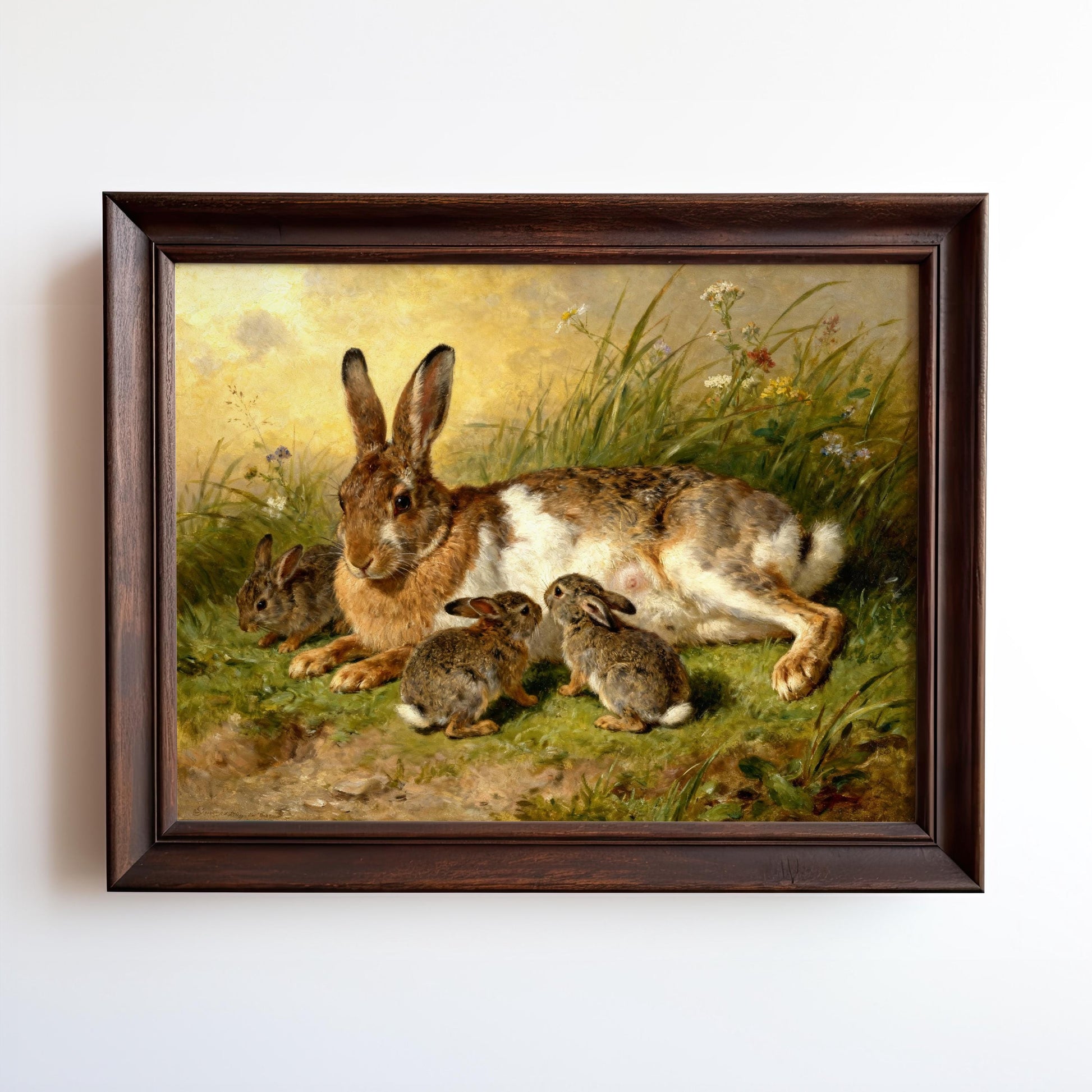 A painting of a mother rabbit with her two baby rabbits in a grassy field.