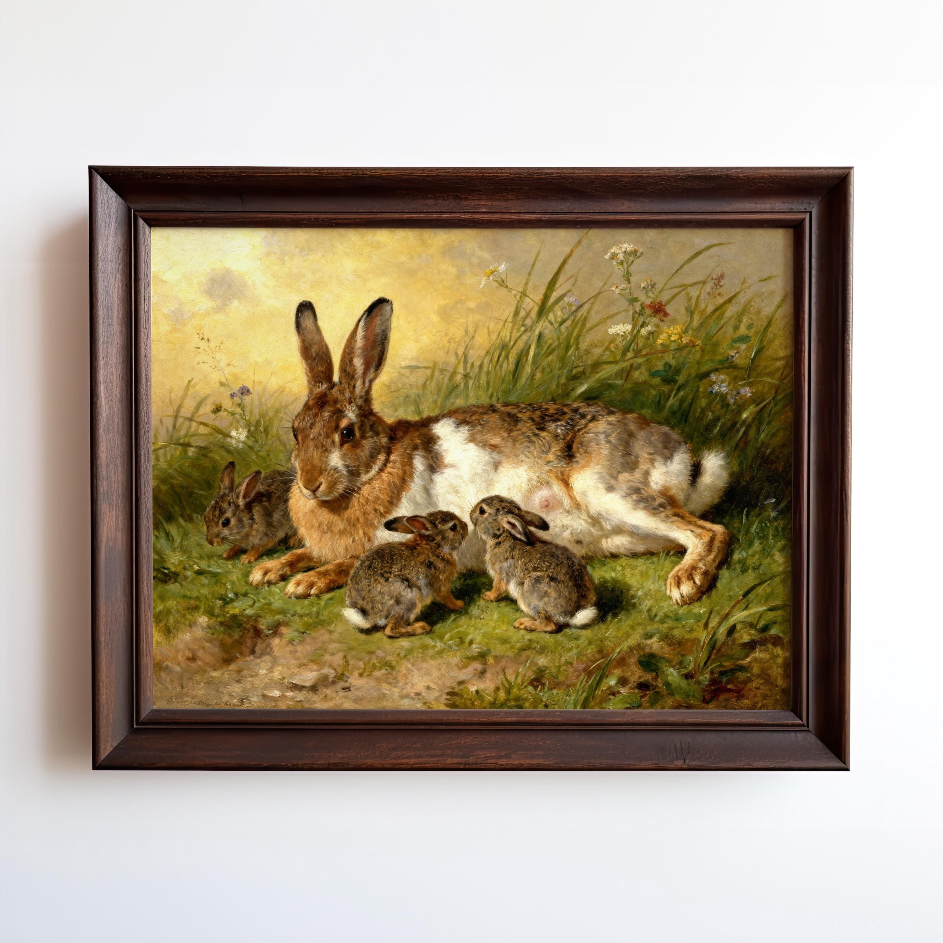 A painting of a mother rabbit with her two baby rabbits in a grassy field.