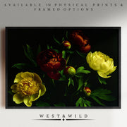 A framed "Dark Moody Peony Floral Wall Print - Burgundy Yellow Botanical Flower Art" featuring vintage dark red and yellow peonies with green leaves on black. “Available in prints & framed options” above, “West & Wild” below the image.
