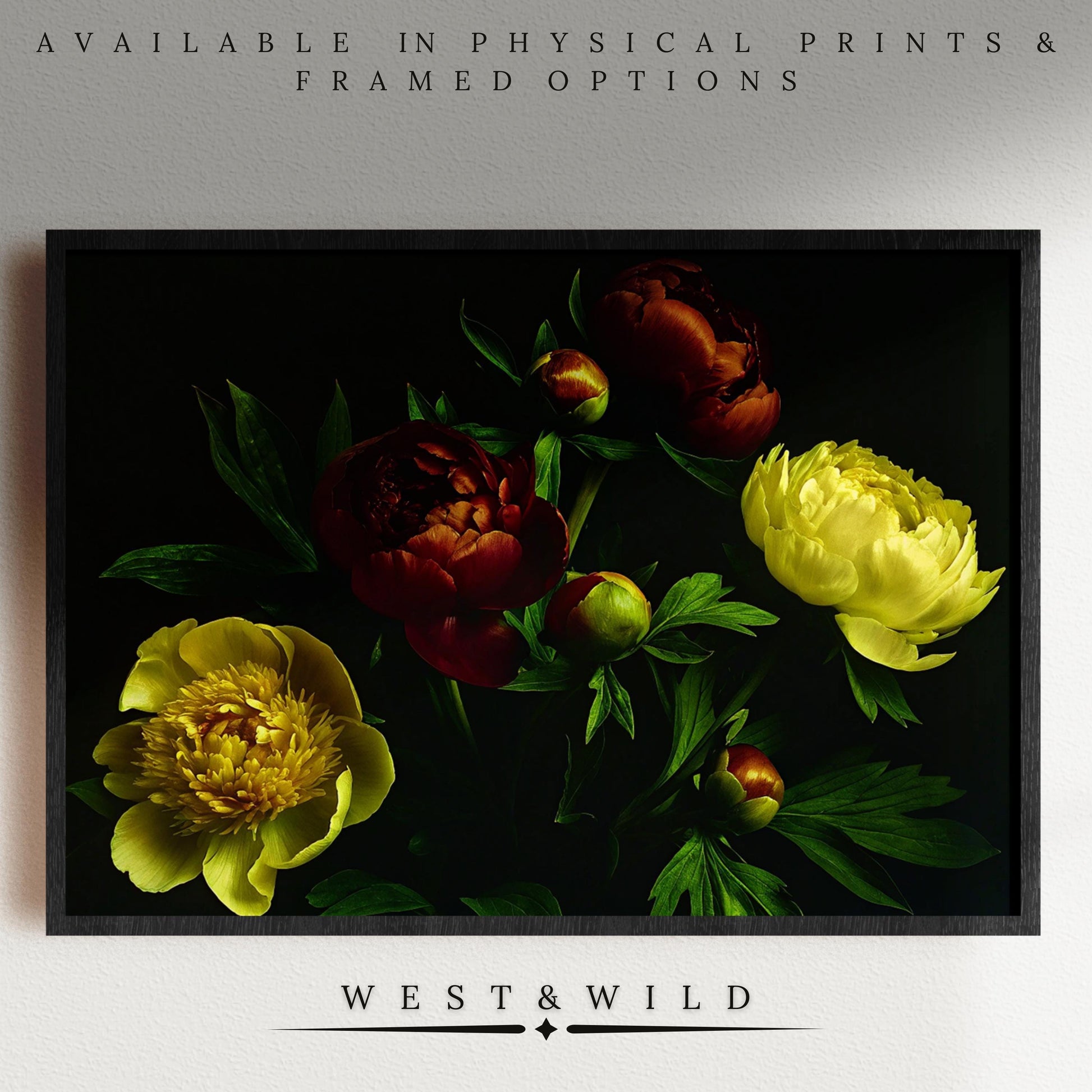 A framed "Dark Moody Peony Floral Wall Print - Burgundy Yellow Botanical Flower Art" featuring vintage dark red and yellow peonies with green leaves on black. “Available in prints & framed options” above, “West & Wild” below the image.