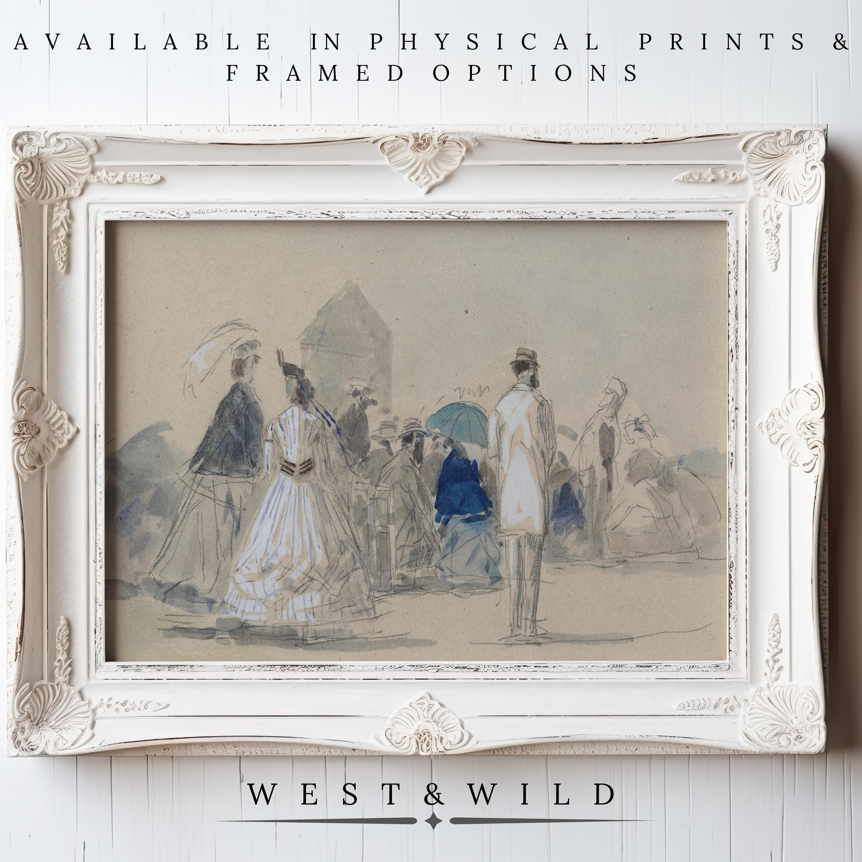 A white ornate frame displays "Victorian Beach Wall Art – Vintage Seaside Painting | Soft Pastel Watercolor Print." Available as vintage art prints & framed art. West & Wild Art Archive.