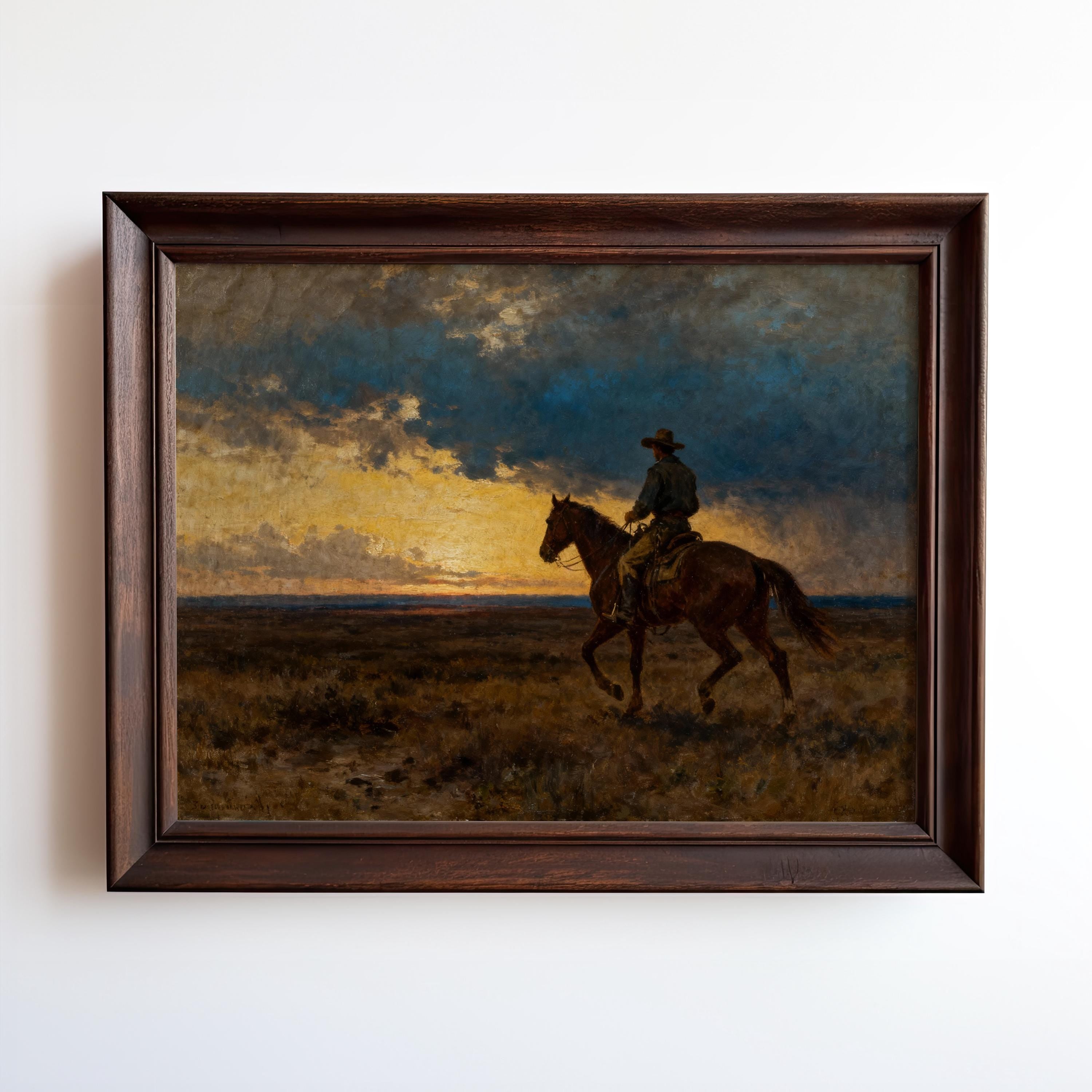 A painting of a cowboy riding a horse in a field at sunset.
