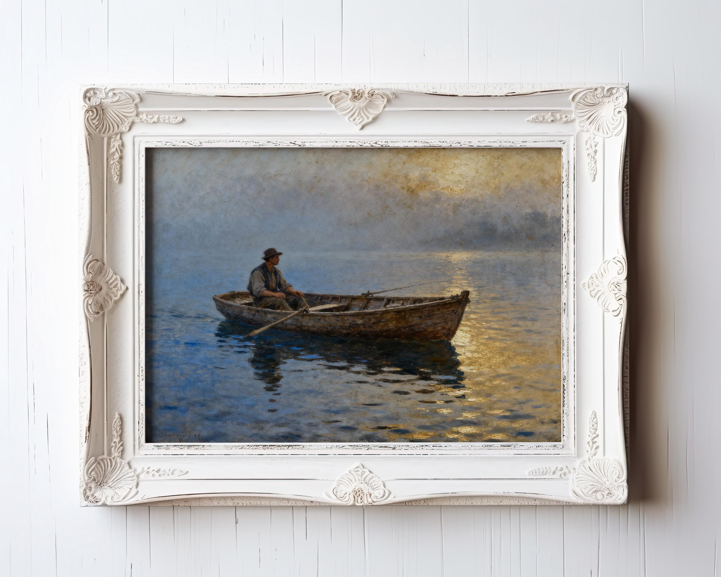 A painting of a man in a boat on a body of water, with a cloudy sky in the background.