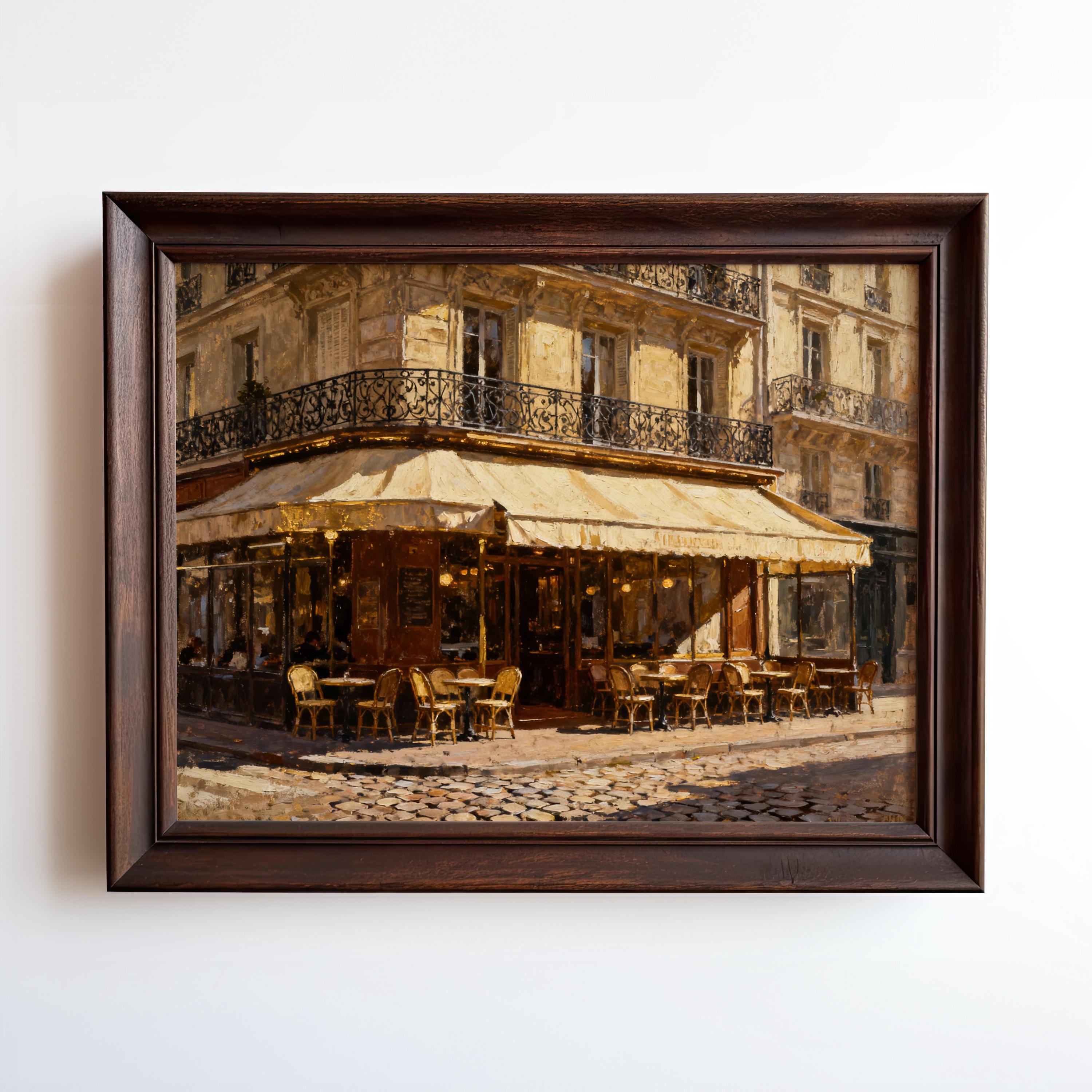 The Vintage Paris Wall Art – a framed or unframed European print from the West & Wild Art Archive – features a Paris café on a cobblestone street, glowing lights, a cream awning, and charming balconies above.