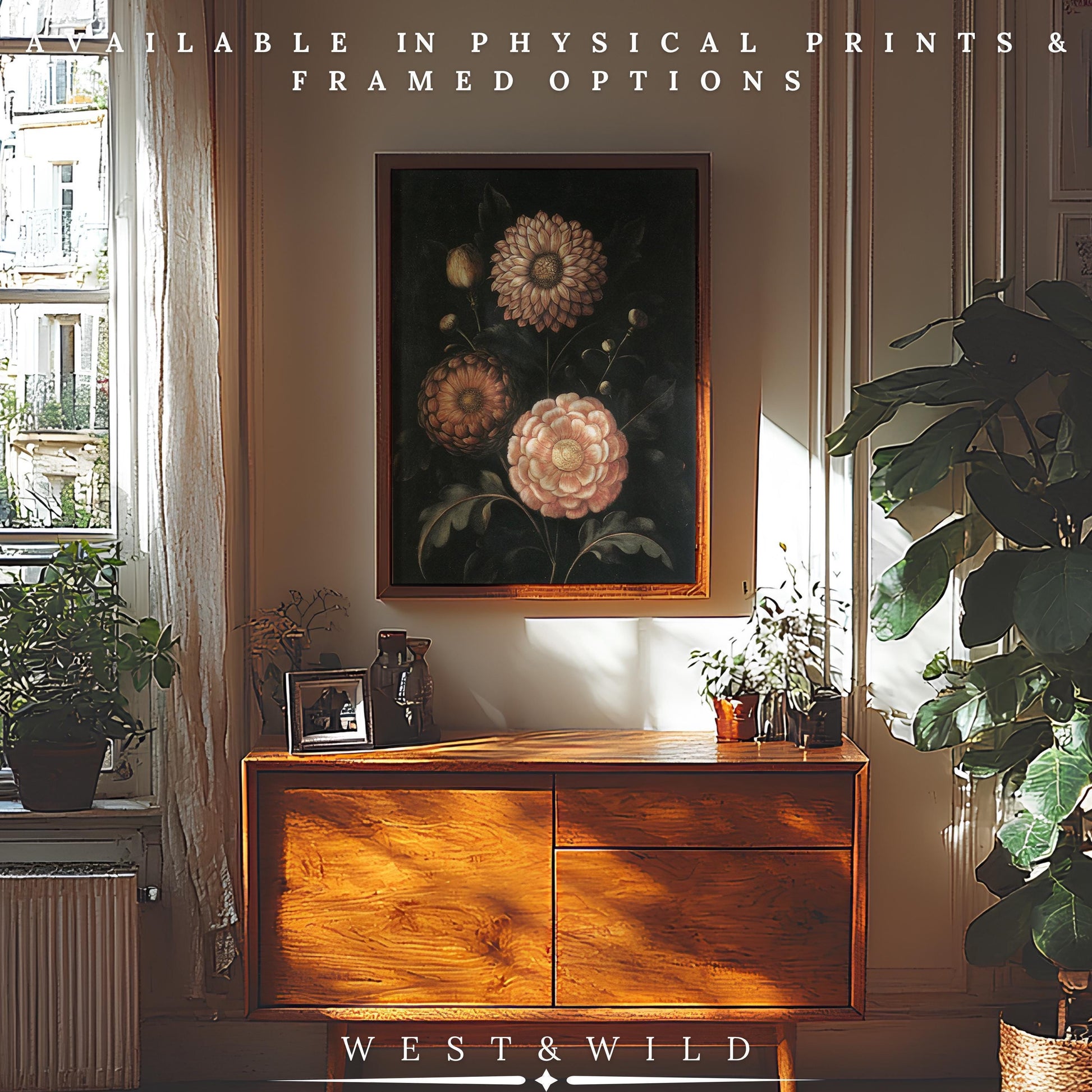 A sunlit room with a wooden sideboard, potted plants, and a large framed Dark Floral Print - Peach Dahlia Artwork. Available as archival quality prints and framed art. Shop vintage botanical wall art by West & Wild Art Archive.