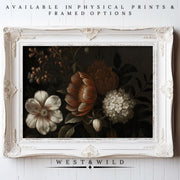 A white ornate frame displays “Dark Floral Art – Vintage Floral Painting With Copper Flower Print & Cream Botanical.” Physical prints & framed art available. Below, it says “West & Wild.”.