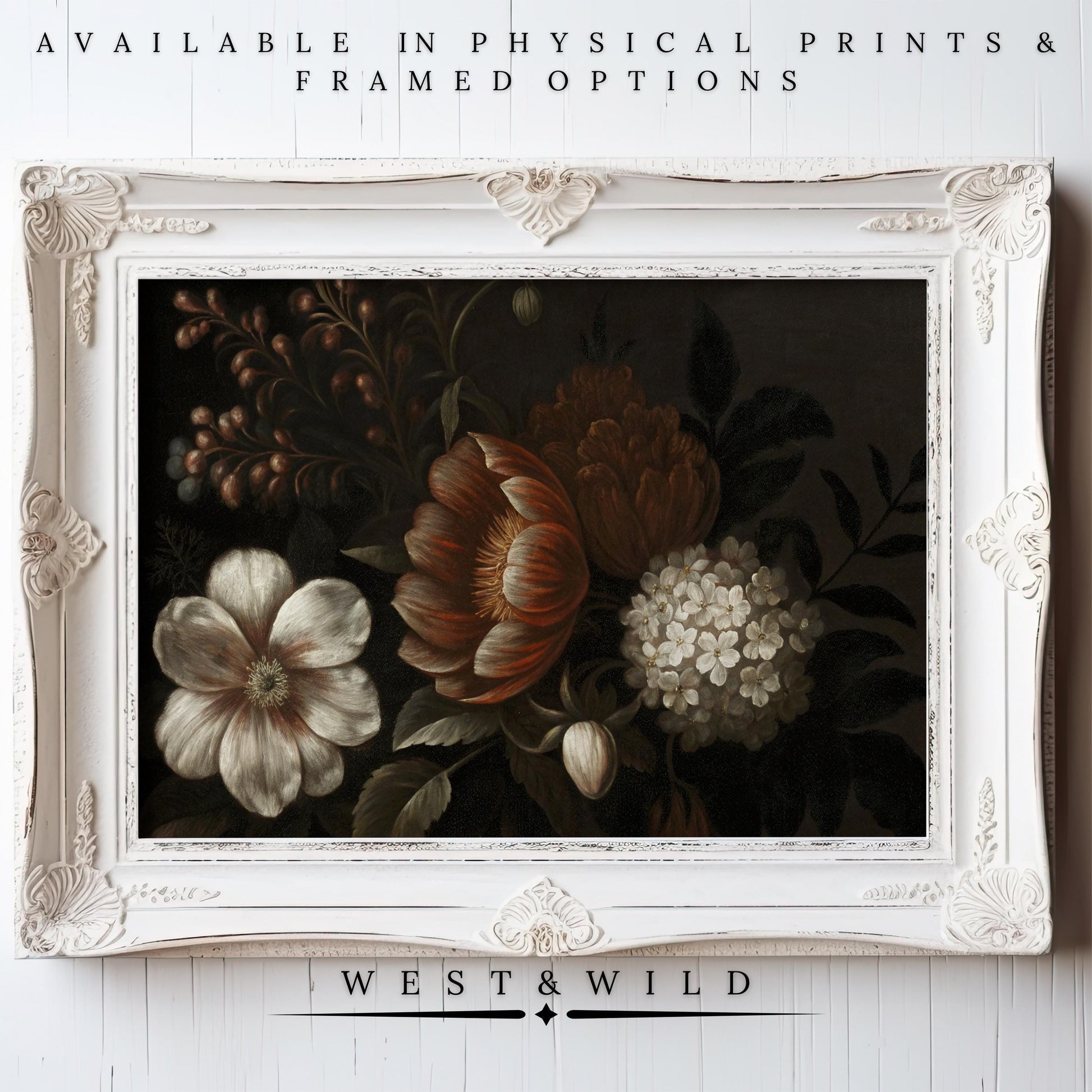 A white ornate frame displays “Dark Floral Art – Vintage Floral Painting With Copper Flower Print & Cream Botanical.” Physical prints & framed art available. Below, it says “West & Wild.”.