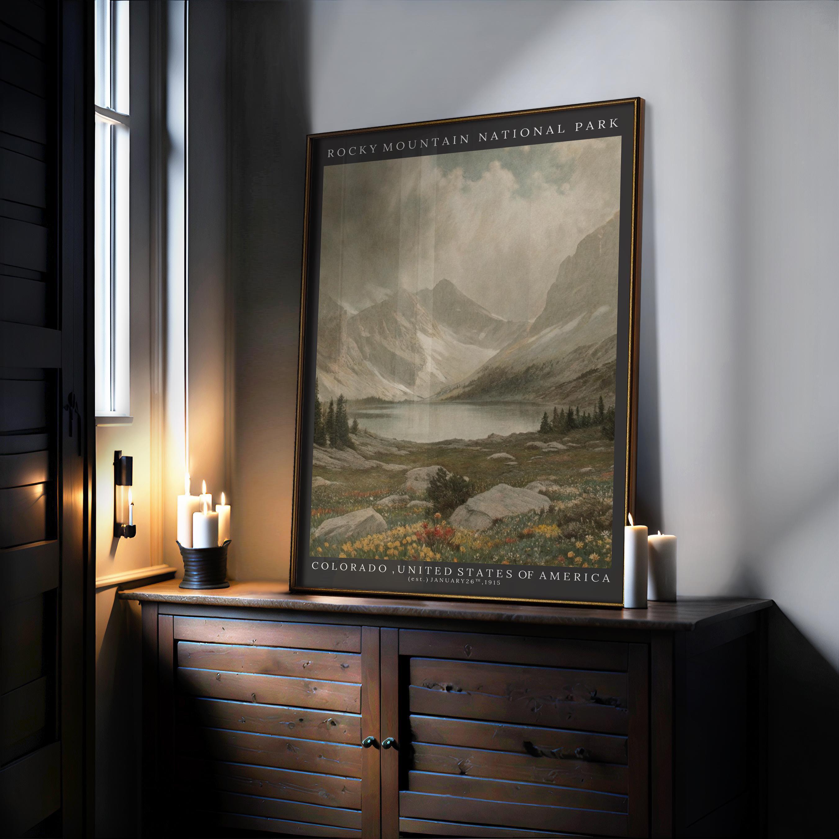 The Rocky Mountain Winter Print – Vintage Alpine Landscape, Framed Mountain Wall Art sits on a wooden cabinet by lit candles and a window, displaying snowy mountains and a lake beneath a cloudy sky.