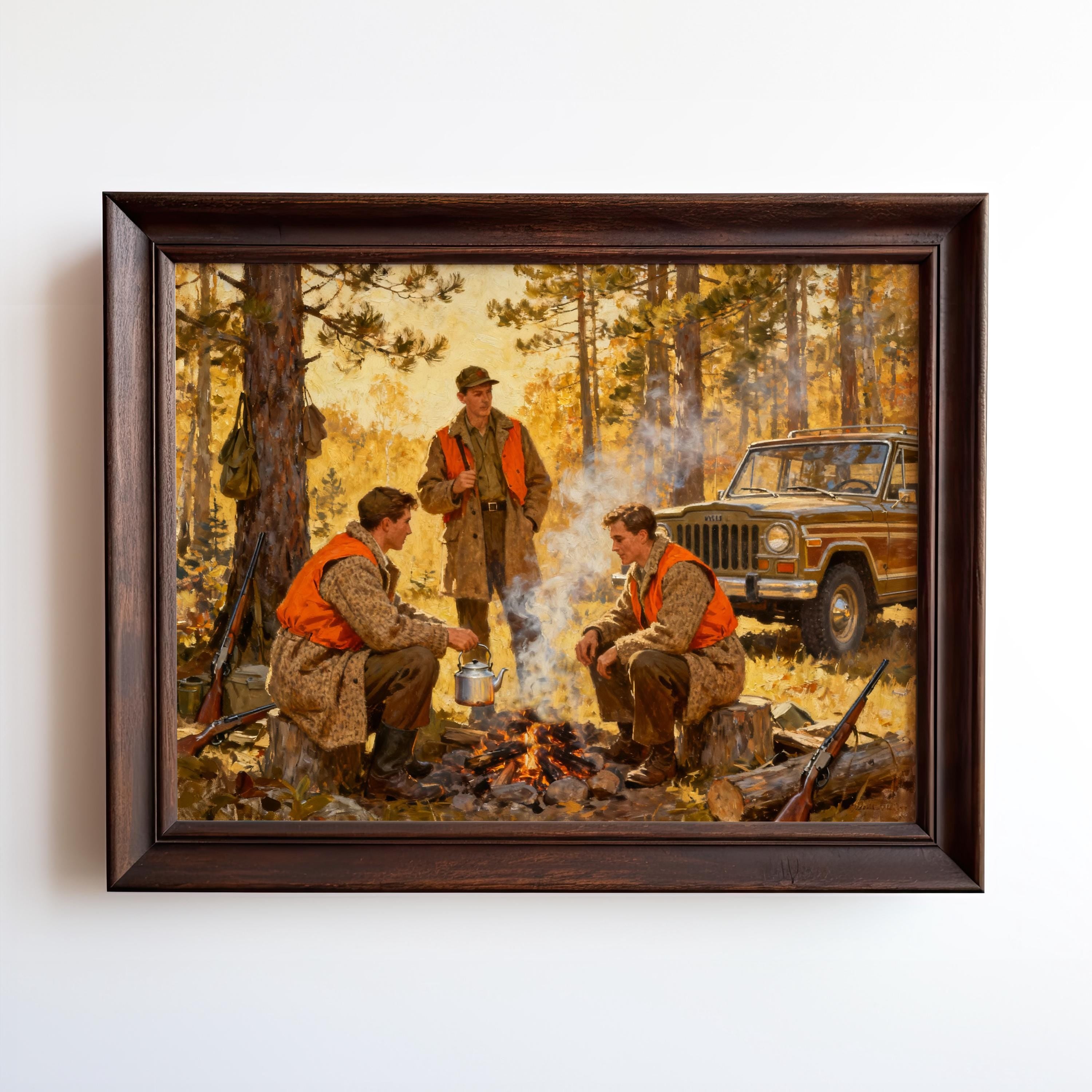 A framed painting depicting three hunters in a forest setting, with a car and campfire visible in the background.